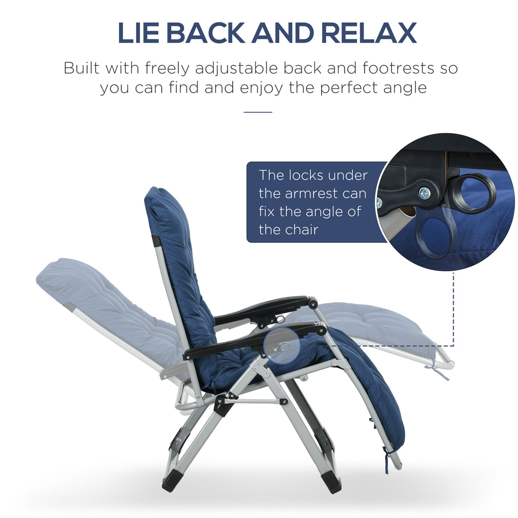Folding Garden Chairs Set of 2, Reclining Zero Gravity Chair, Sun Lounger with Cushion and Headrest, Dark Blue