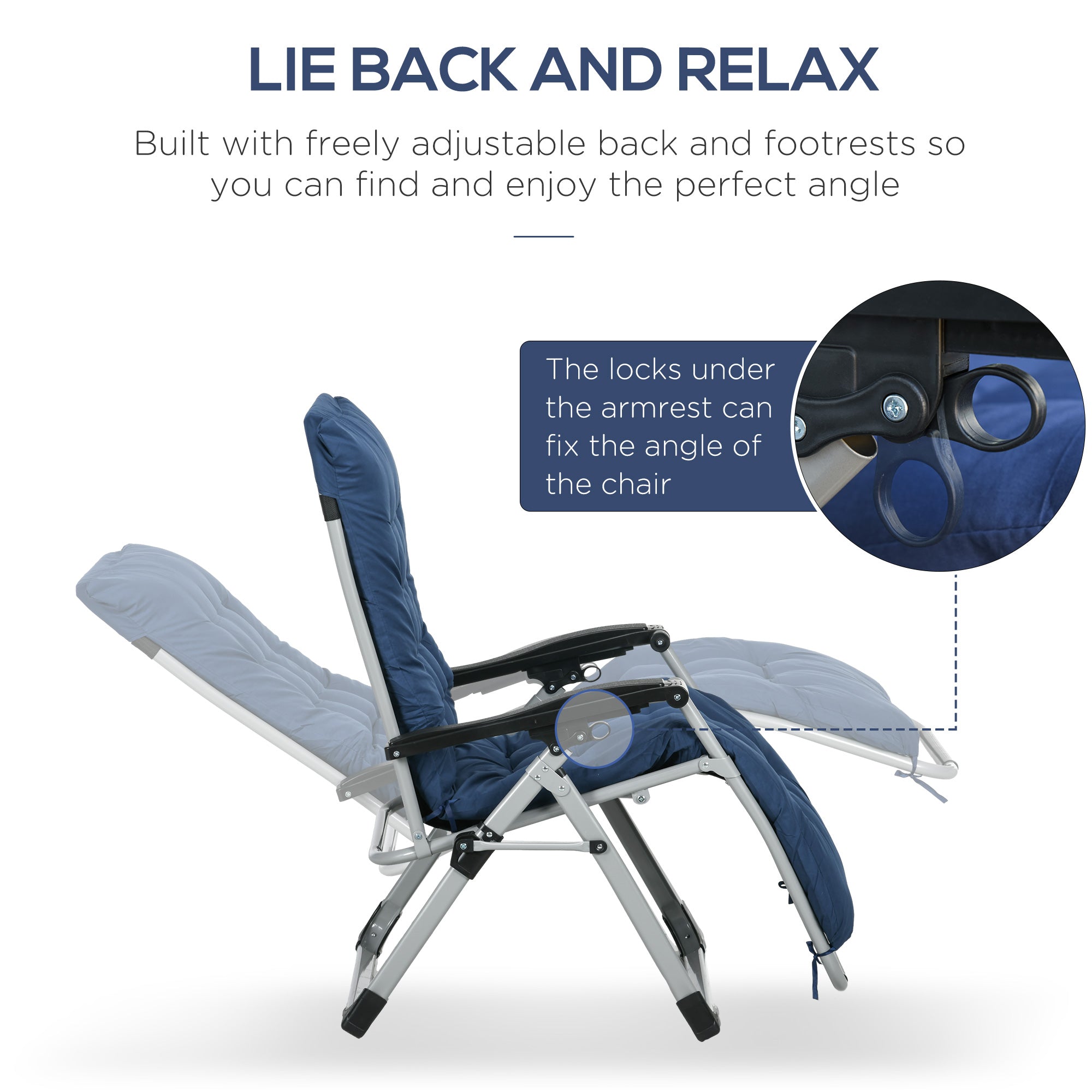 Folding Garden Chairs Set of 2, Reclining Zero Gravity Chair, Sun Lounger with Cushion and Headrest, Dark Blue