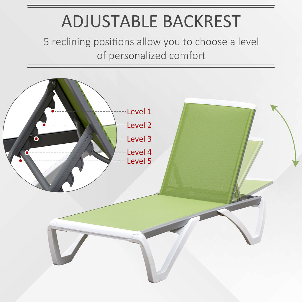 Outdoor Chaise Lounge Chair, Patio Aluminum Tanning Chair with 5-Level Adjustable Back, Portable Wheels, Breathable Mesh Fabric, for Pool, Deck, Garden, Green