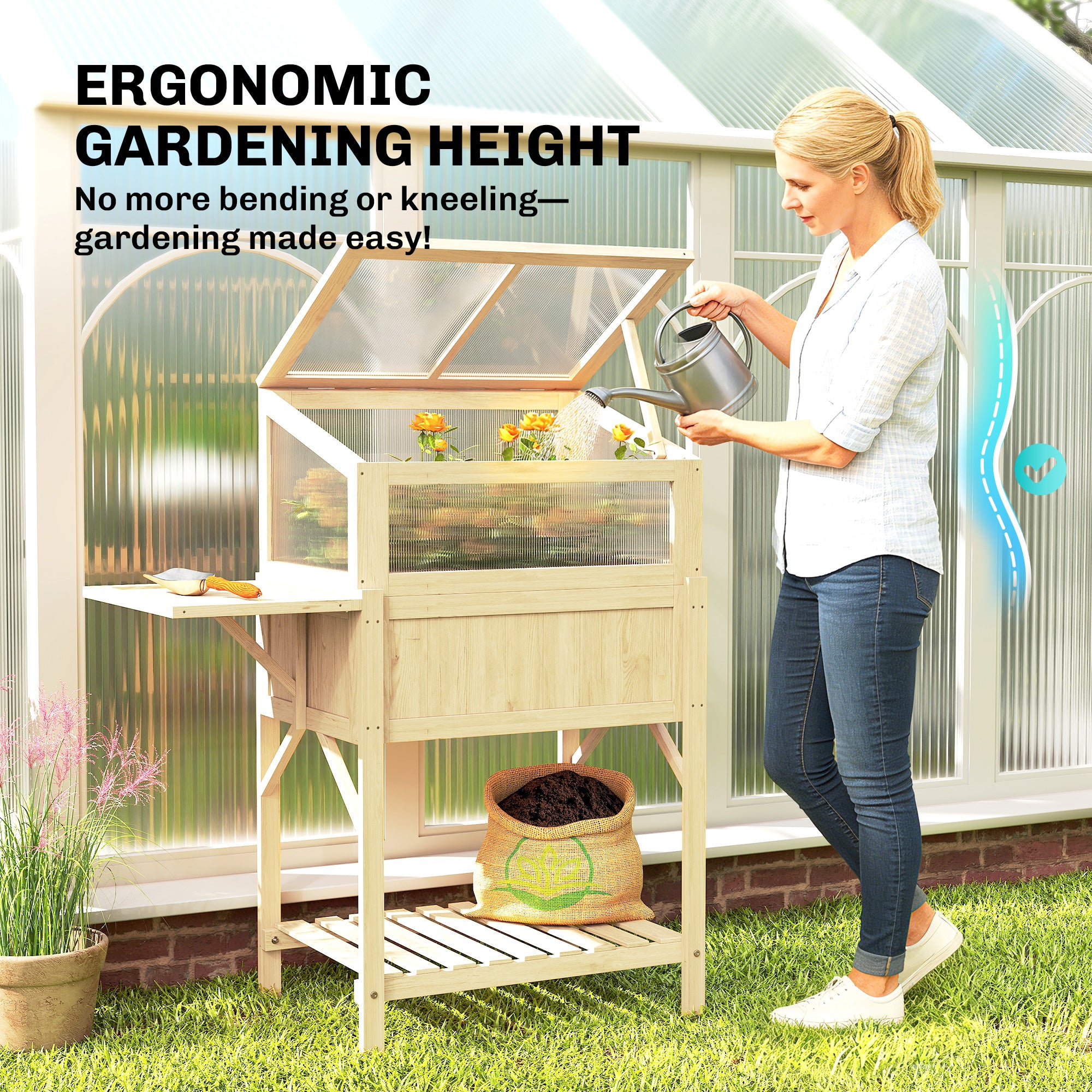 Raised Garden Bed Planter with Cold Frame, Wooden Elevated Planter Box with Folding Side Table and Shelf, Natural Wood