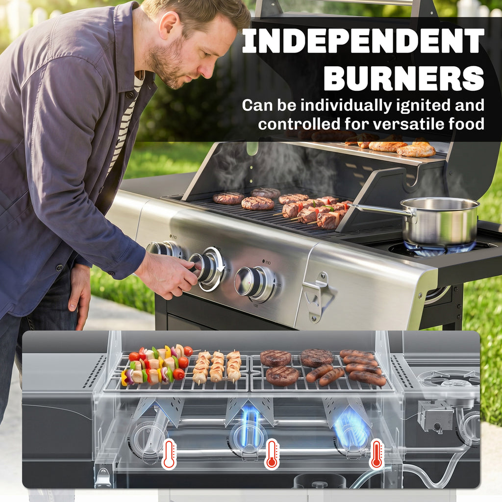 3 Burner Propane Gas Grill with Side Burner, 36,000 BTU BBQ Grill with Cast Iron Grates, Wheels, Warming Rack, Cabinet