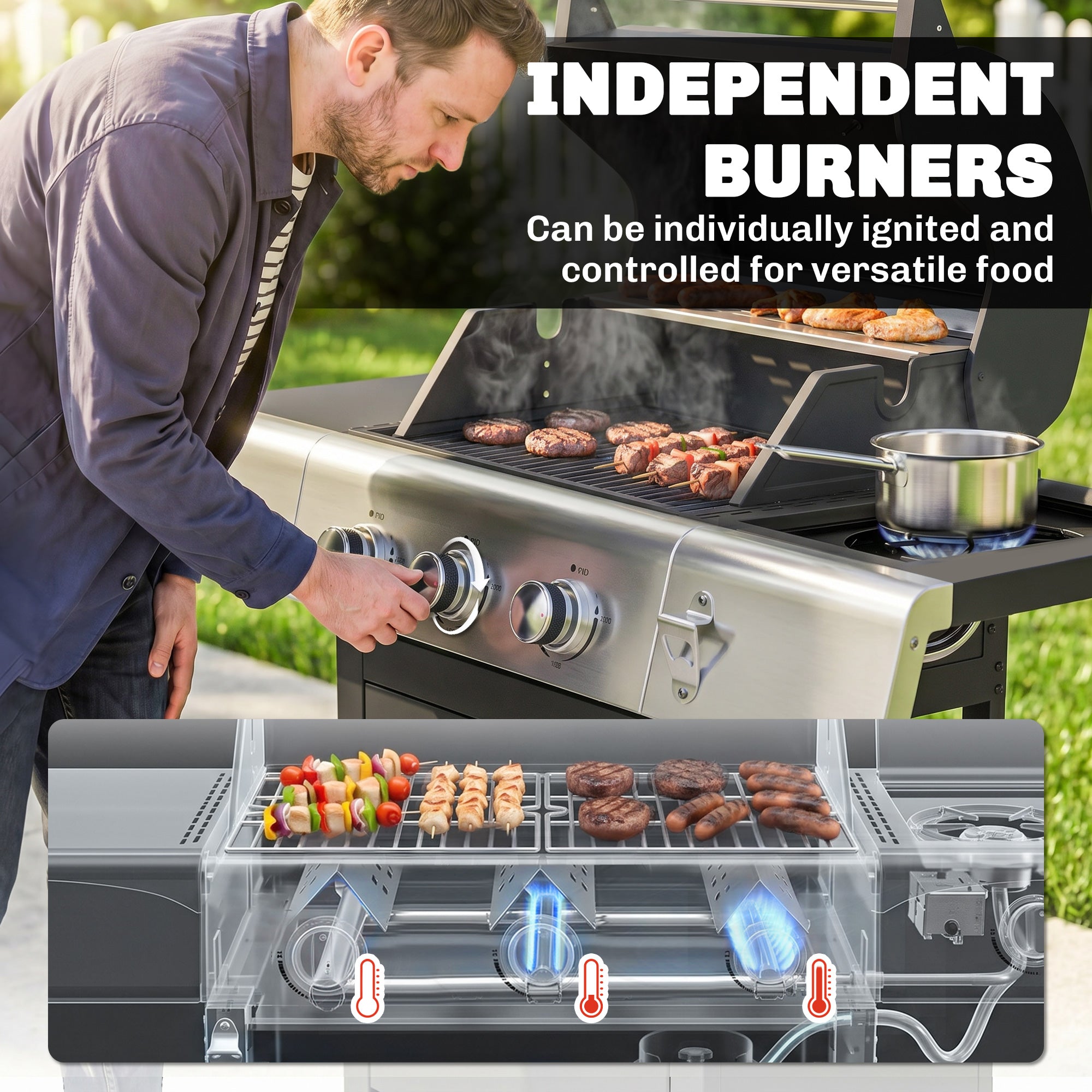 3 Burner Propane Gas Grill with Side Burner, 36,000 BTU BBQ Grill with Cast Iron Grates, Wheels, Warming Rack, Cabinet