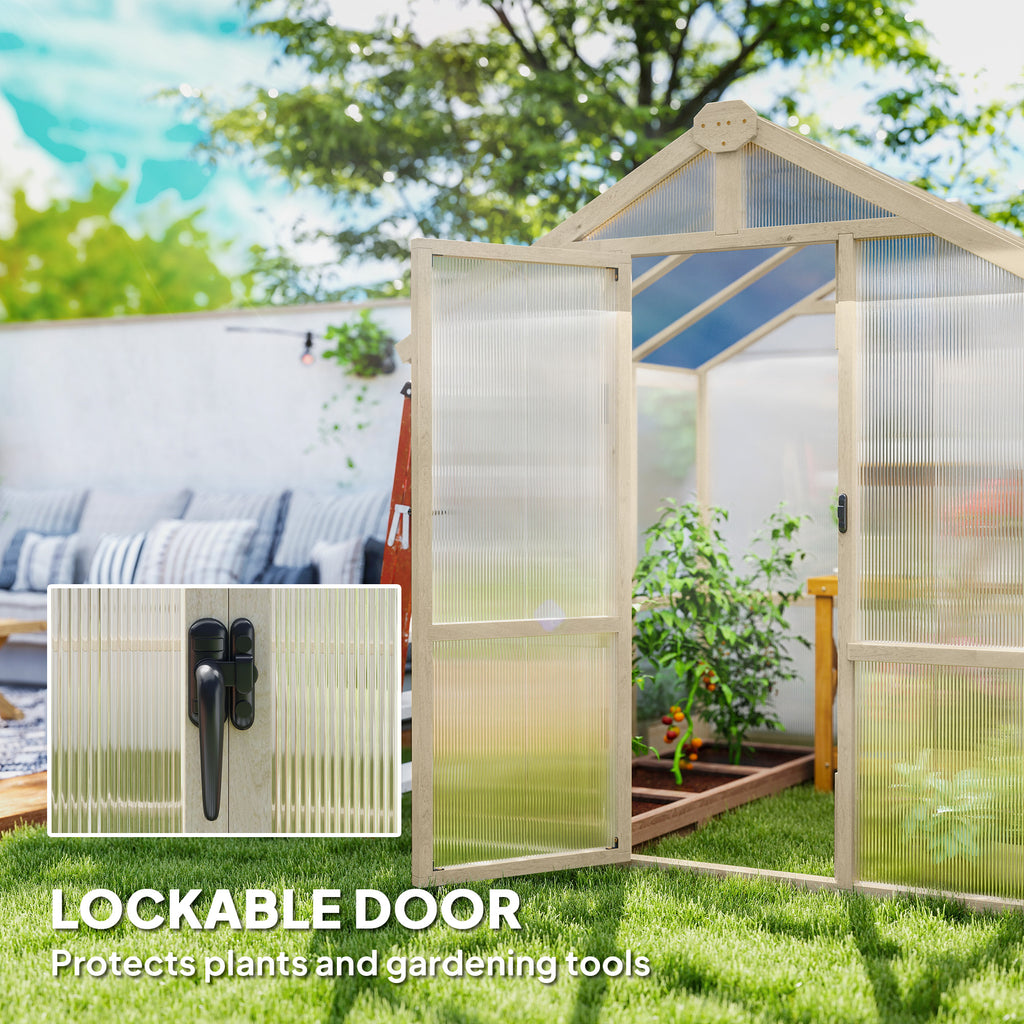 6.6 x 6ft Polycarbonate Greenhouse Wooden Green House with Thickened Polycarbonate Sheets, Lockable Door, Brown