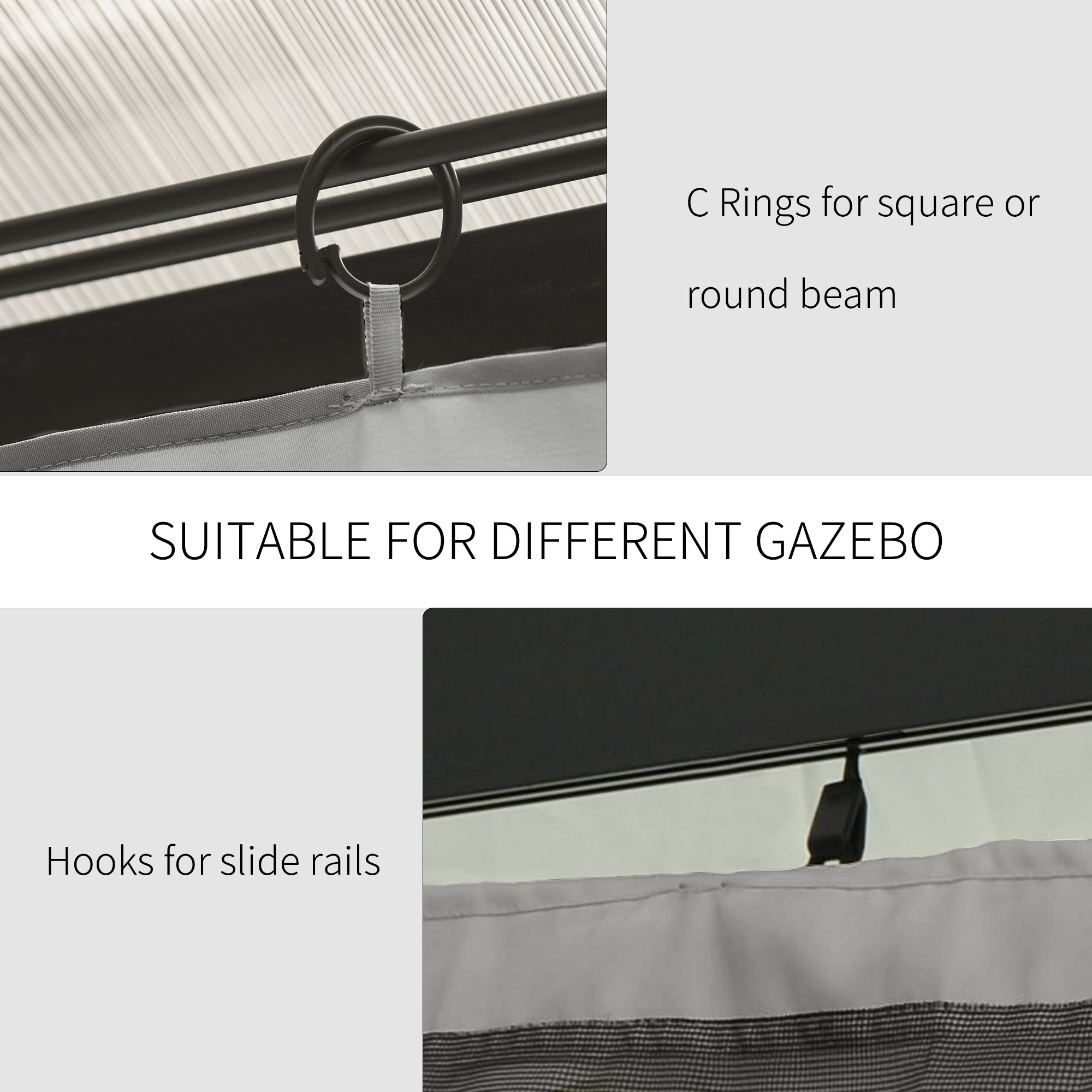 Gazebo Curtains, 10' x 10' Universal Replacement Privacy Curtain, 4-Panels Sidewall with Hooks/C-Rings, Light Grey