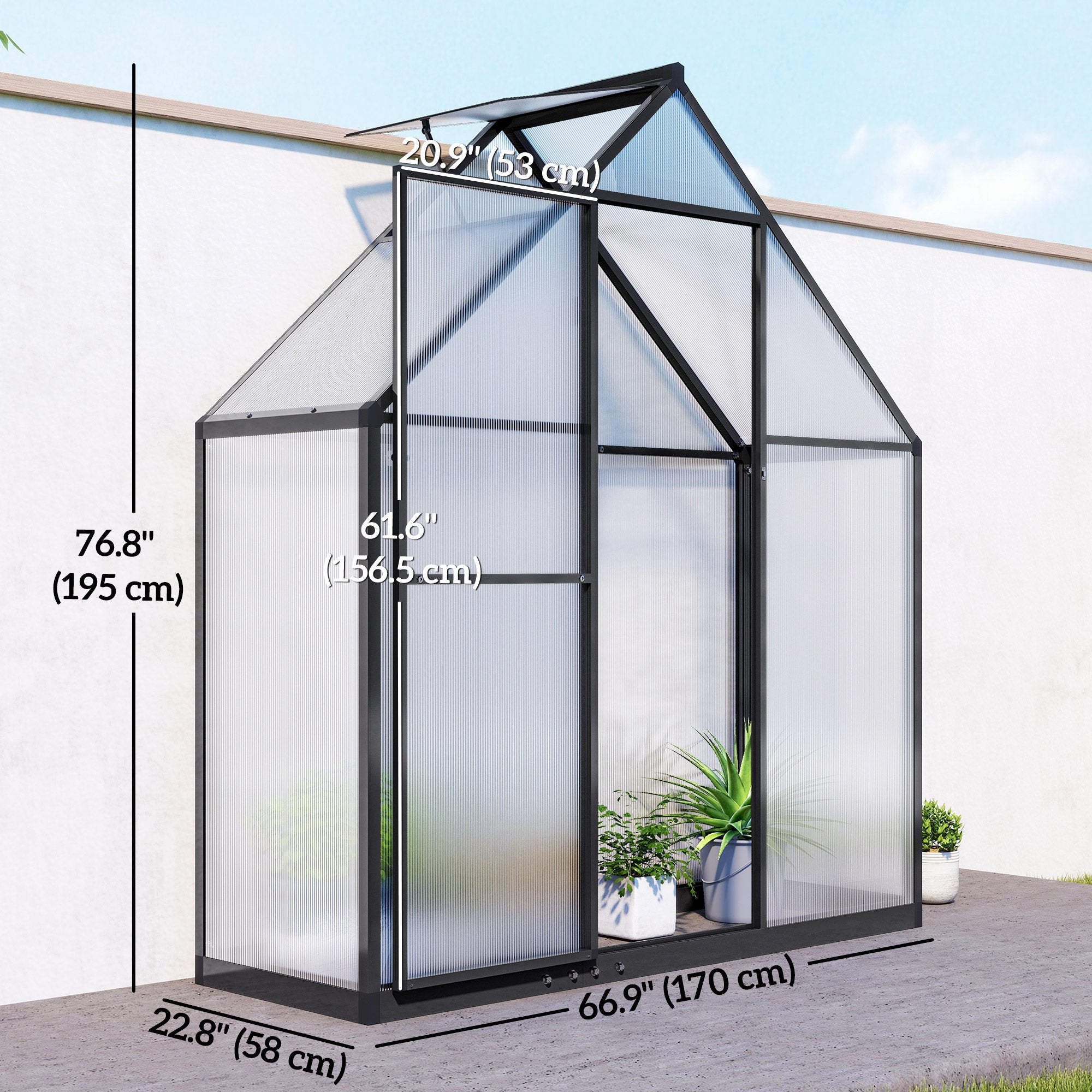 Polycarbonate Greenhouse Walk-in Greenhouse with Swing Door and Adjustable Window, 5.5 x 2ft, Black