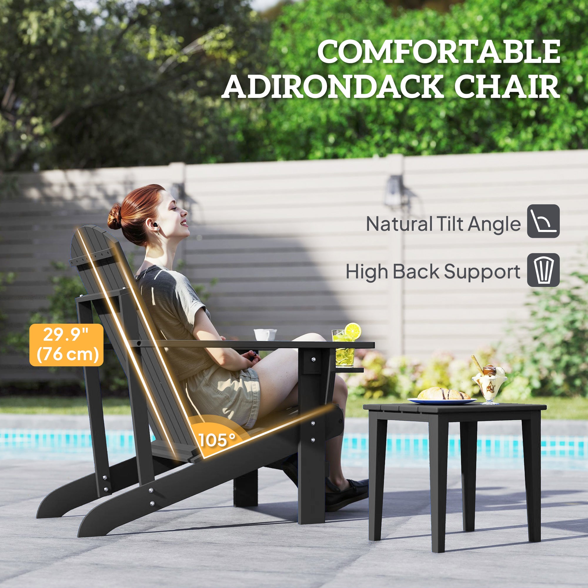 Classic Adirondack Chair Muskoka Chair, Garden Deck Chair with Cup Holder for Patio, Indoor, Backyard, Black