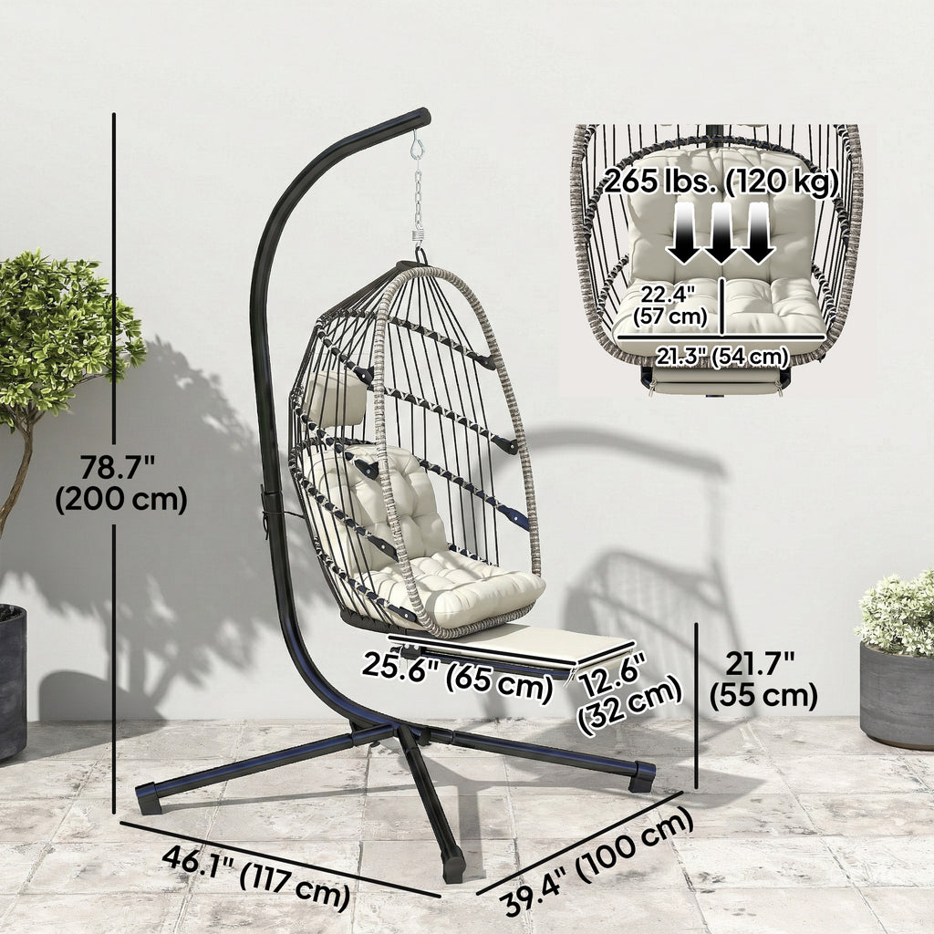 Outdoor Hanging Egg Chair with Retractable Footrest Swing Chair with Metal Stand Light Grey