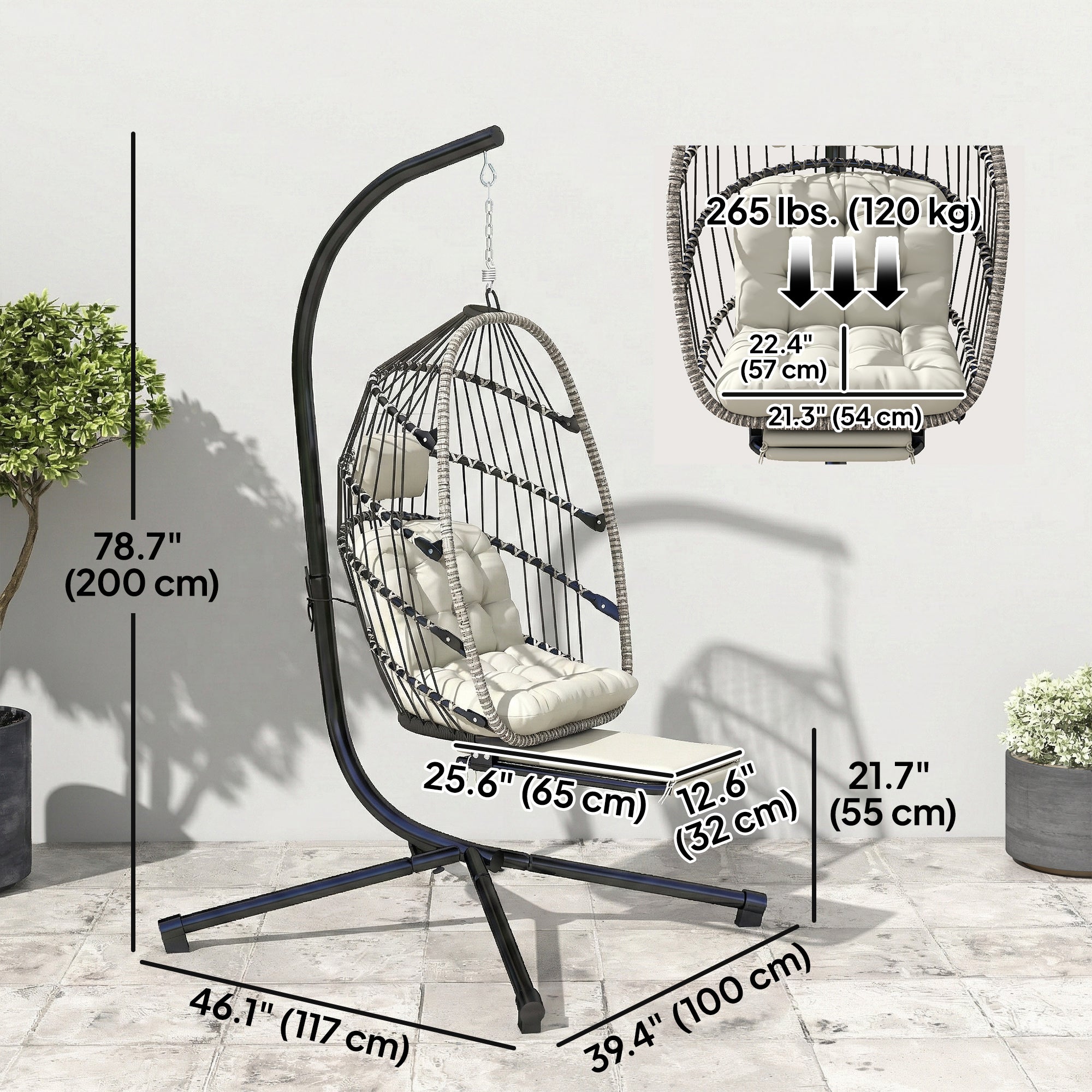 Outdoor Hanging Egg Chair with Retractable Footrest Swing Chair with Metal Stand Light Grey