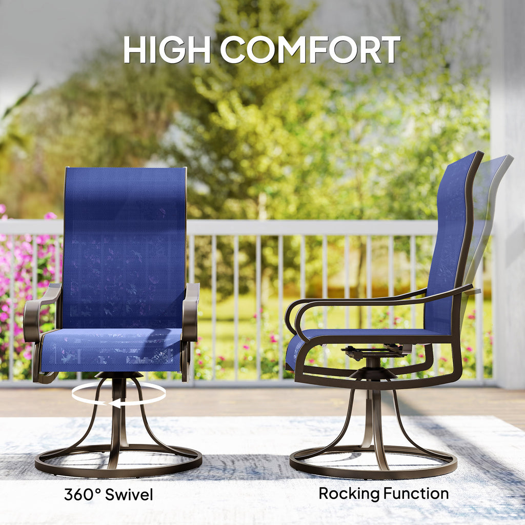 Patio Dining Chairs Set of 2, 360Â° Swivel Rocking Outdoor Chairs with Armrests, Breathable Mesh, Navy Blue