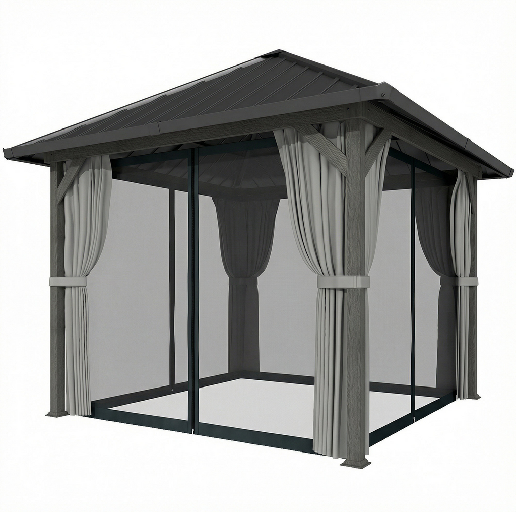 10' x 10' Hardtop Gazebo with Galvanized Steel Roof, Permanent Garden Gazebo with Netting and Curtains