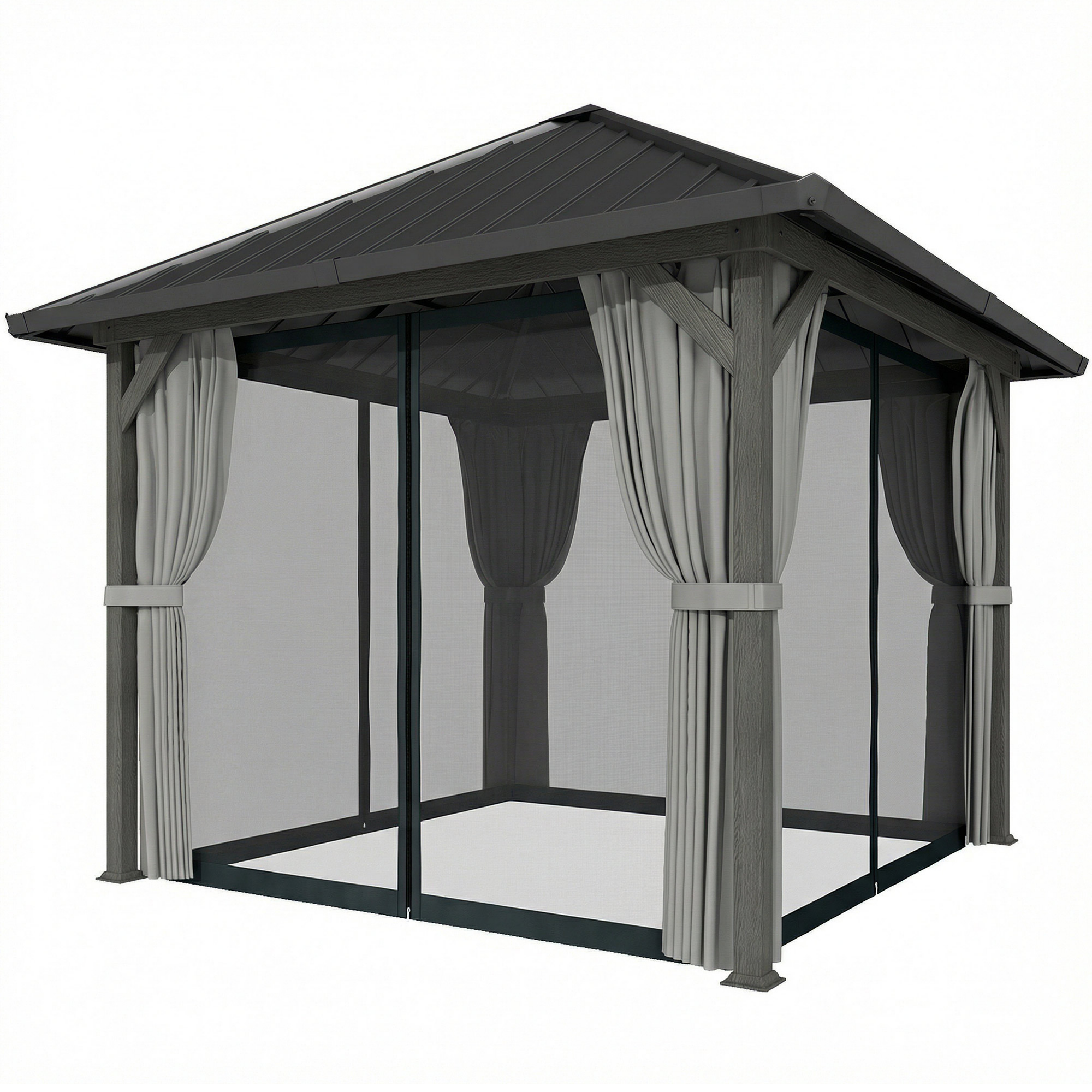 10' x 10' Hardtop Gazebo with Galvanized Steel Roof, Permanent Garden Gazebo with Netting and Curtains