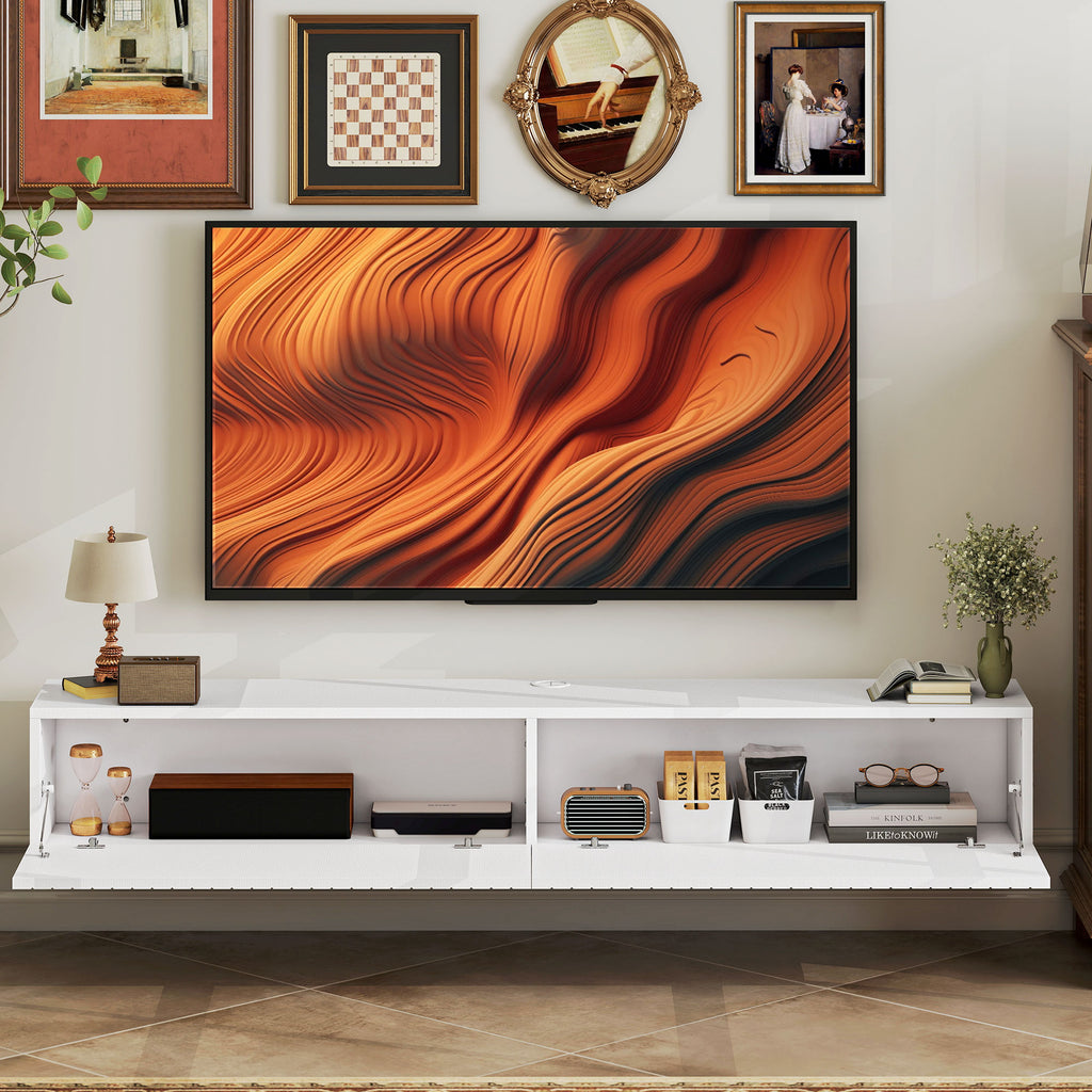 55" Floating TV Stand for TVs up to 72 Inch, Wall Mount Media Console with 2 Fluted Flip-Down Doors, Cable Hole, White