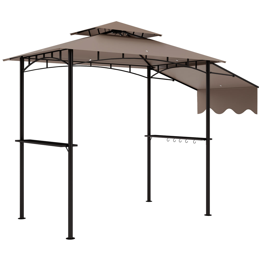 8' x 5' Grill Gazebo, Double Tiered Barbecue Grill Gazebo Shelter with Side Awning, 2 Side Shelves, 6 Hooks, Khaki