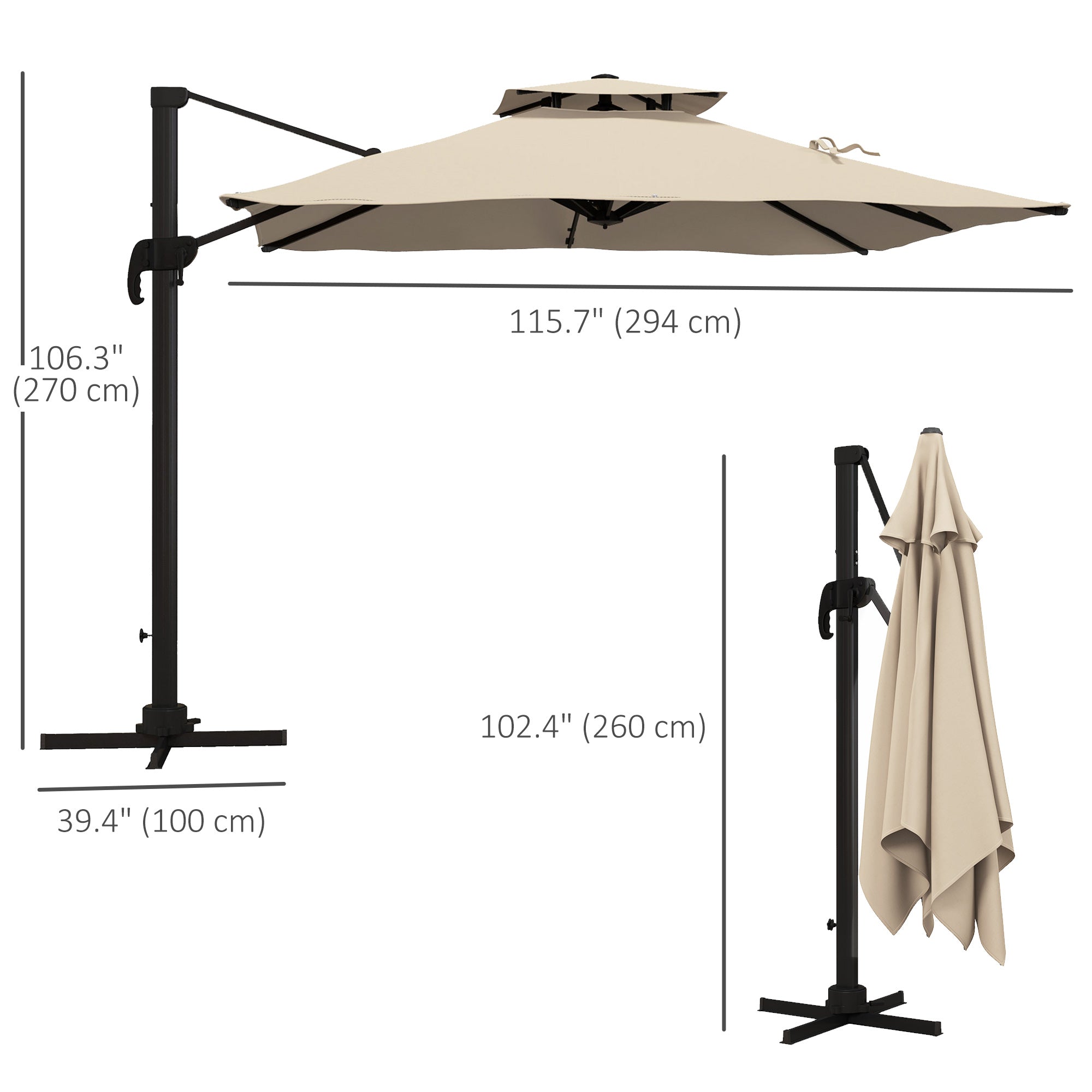 10ft Square Cantilever Patio Umbrella, 360Â° Rotating Overhanging Umbrella with Cross Base, Crank Handle, Khaki