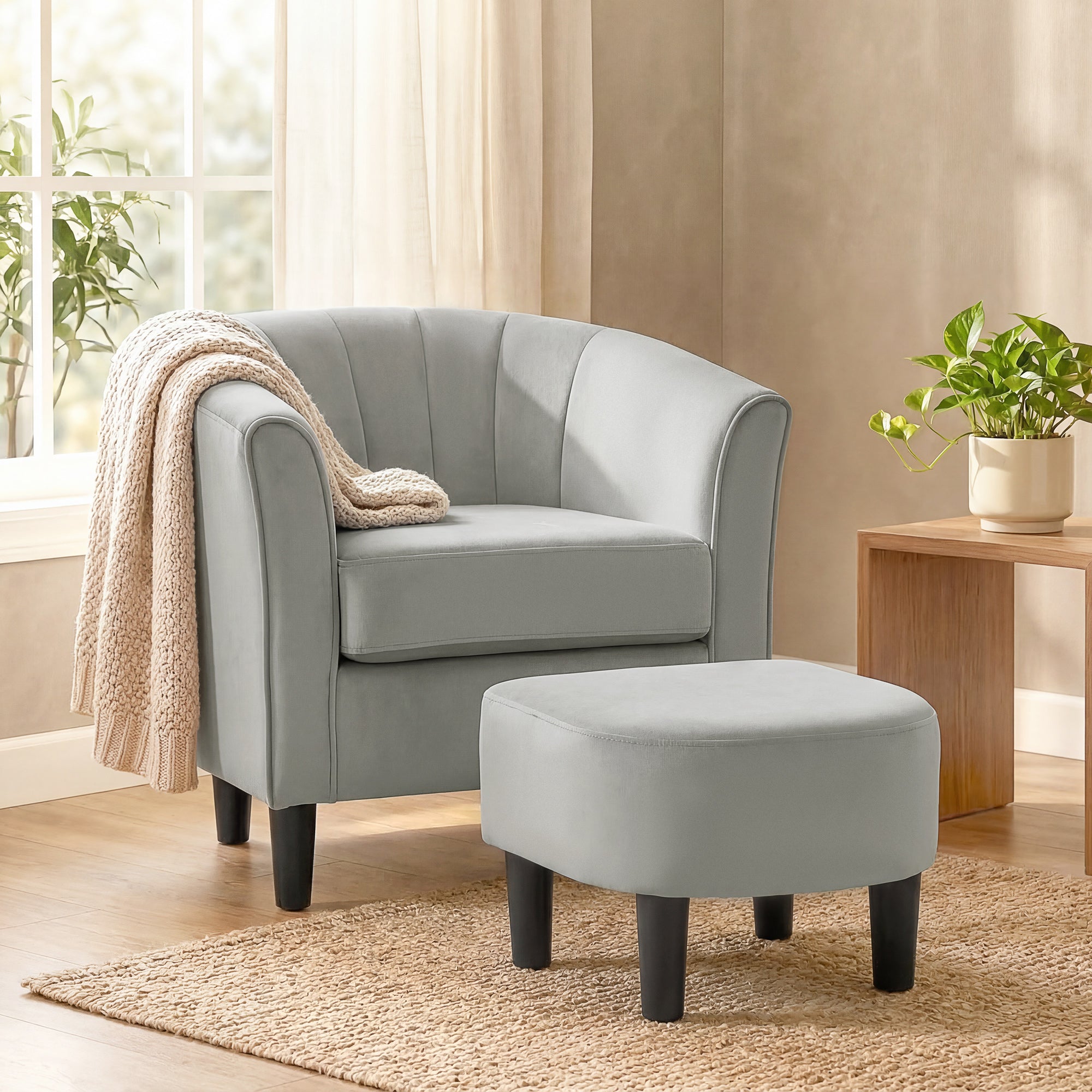 Accent Chair Modern Upholstered Living Room Chair with Ottoman and Pocket Spring Cushion Grey