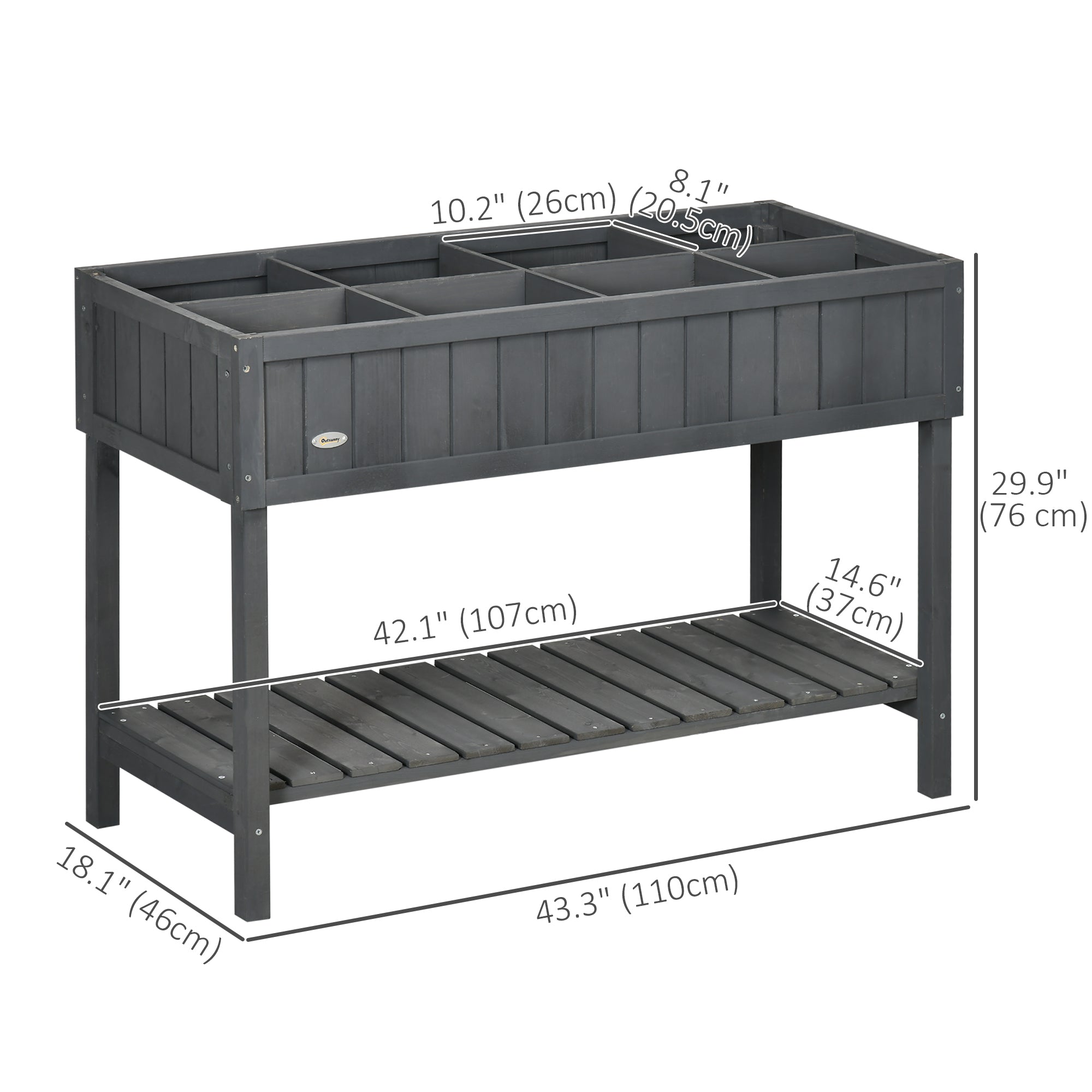 43.25" x 18" x 30" Raised Garden Bed, Wooden Plant Stand with 8 Grid Box, Storage Shelf for Outdoor, Dark Grey
