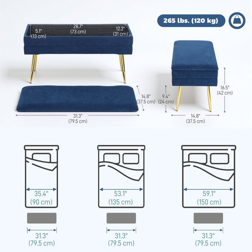31" Storage Ottoman, Velvet End of Bed Bench with Steel Legs, Foot Stool with Storage for Bedroom, Living Room