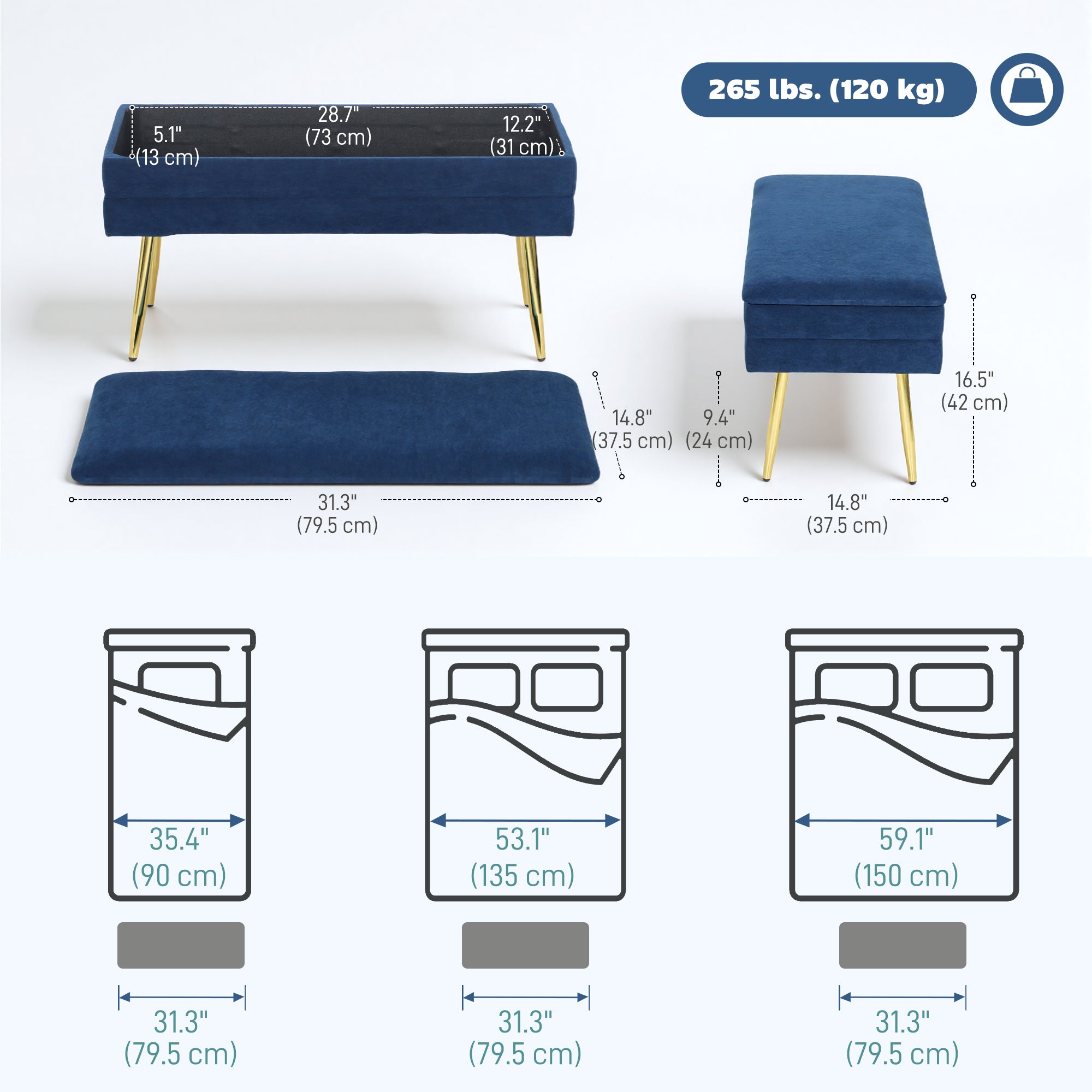 31" Storage Ottoman, Velvet End of Bed Bench with Steel Legs, Foot Stool with Storage for Bedroom, Living Room