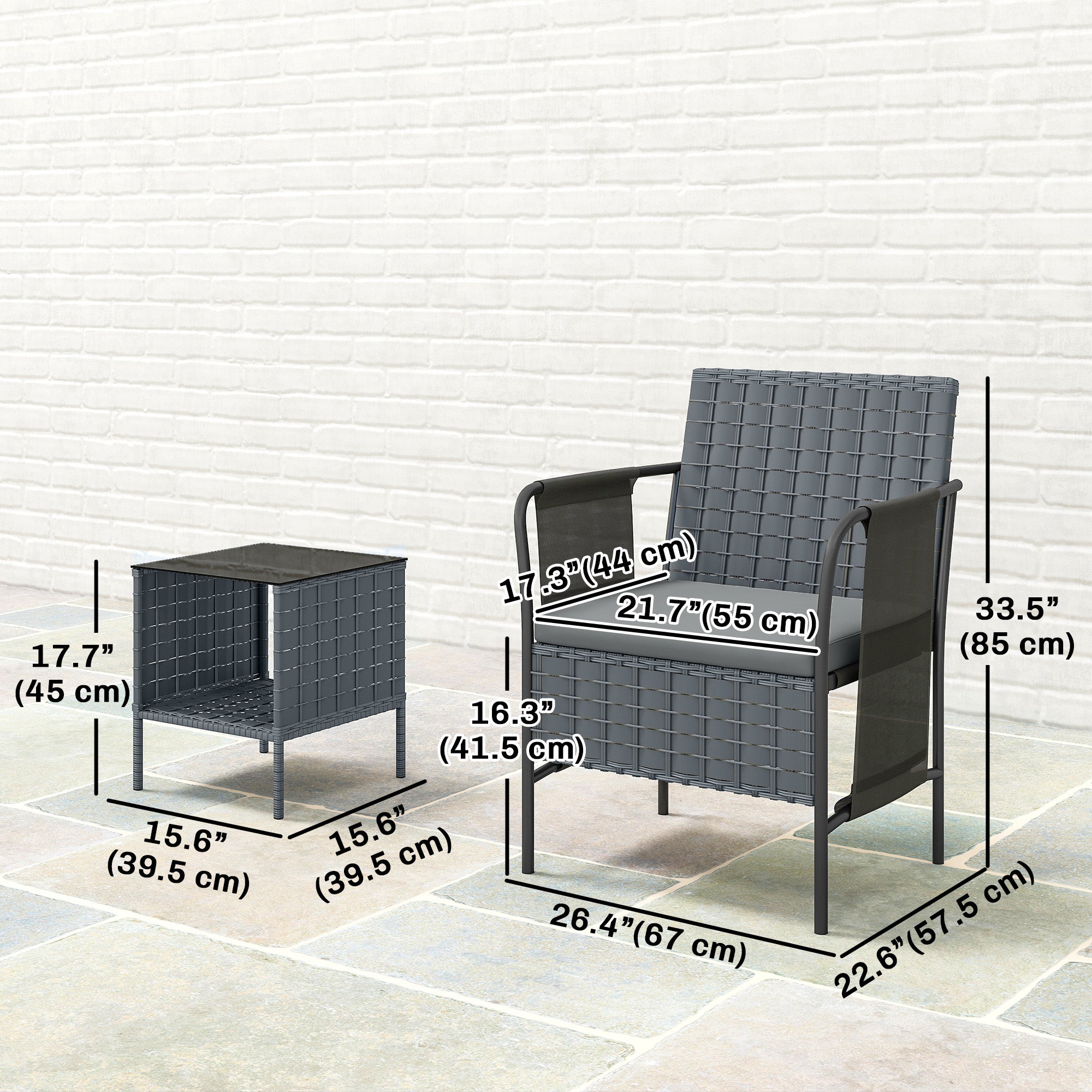 3 Piece Wicker Patio Furniture Set, Outdoor Bistro Set, Side Pockets, Mesh Seat, 2 Tier Glass Table, Cushions, Grey