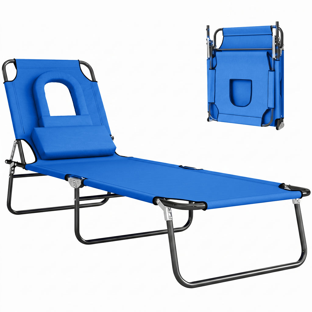 Folding Chaise Lounge Chair, Reclining Beach Tanning Chair with Face Hole, Pillow, 4-Position Adjustable Lay Flat Sun Lounger, Steel Frame for Outdoor Patio Pool, Blue