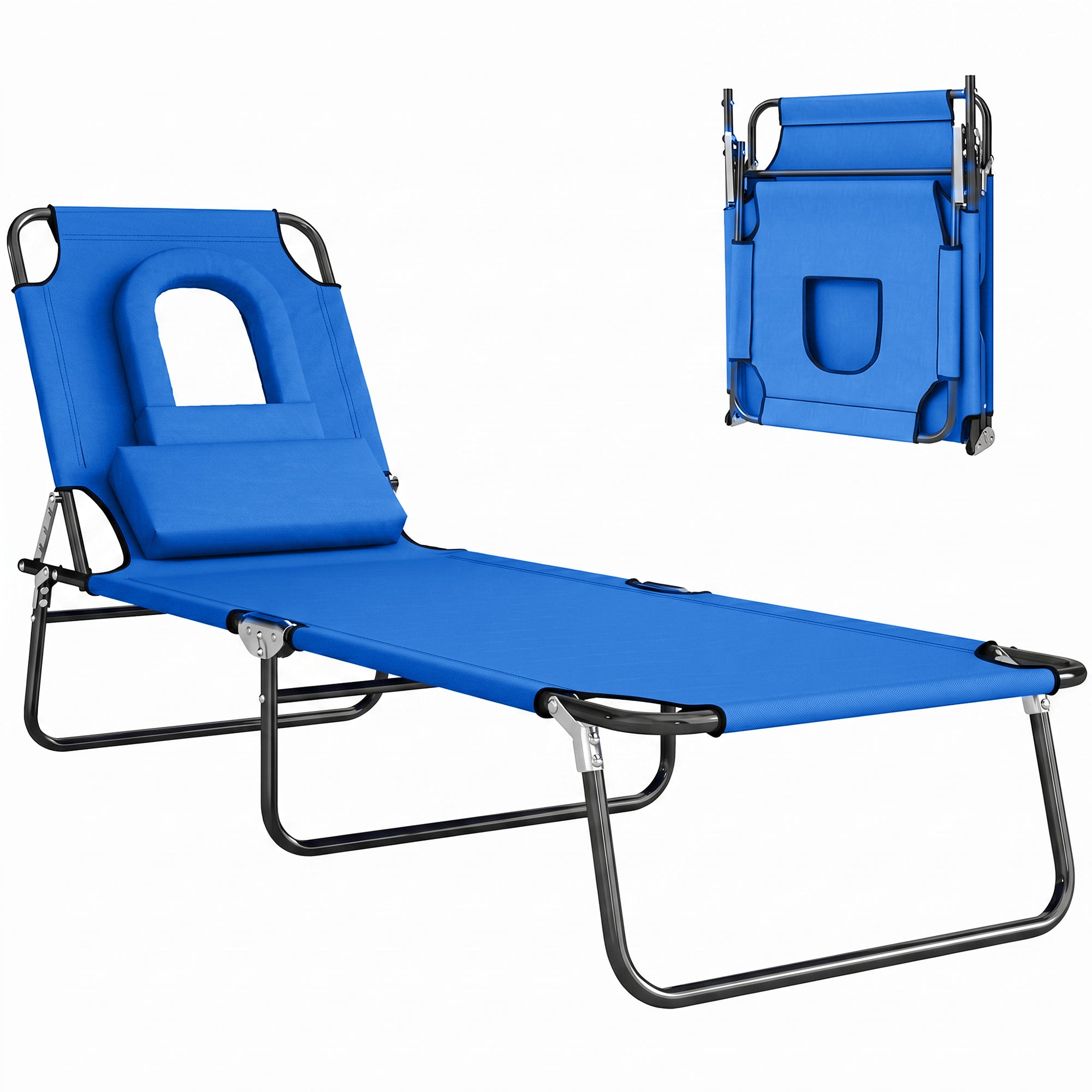 Folding Chaise Lounge Chair, Reclining Beach Tanning Chair with Face Hole, Pillow, 4-Position Adjustable Lay Flat Sun Lounger, Steel Frame for Outdoor Patio Pool, Blue