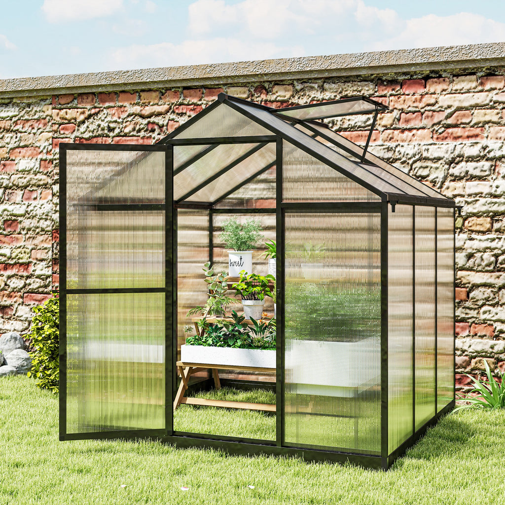 6' x 8' x 6.4' Polycarbonate Greenhouse, Aluminum Walk-In Green House Kit Garden, Plants Grow with Rain Gutter and Roof Vent, Charcoal Grey