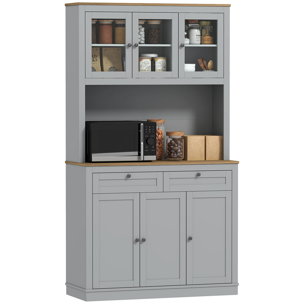 71" Pantry Cabinet with Microwave Space, Buffet with Hutch, 2 Drawers, Adjustable Shelves and Glass Doors, Grey