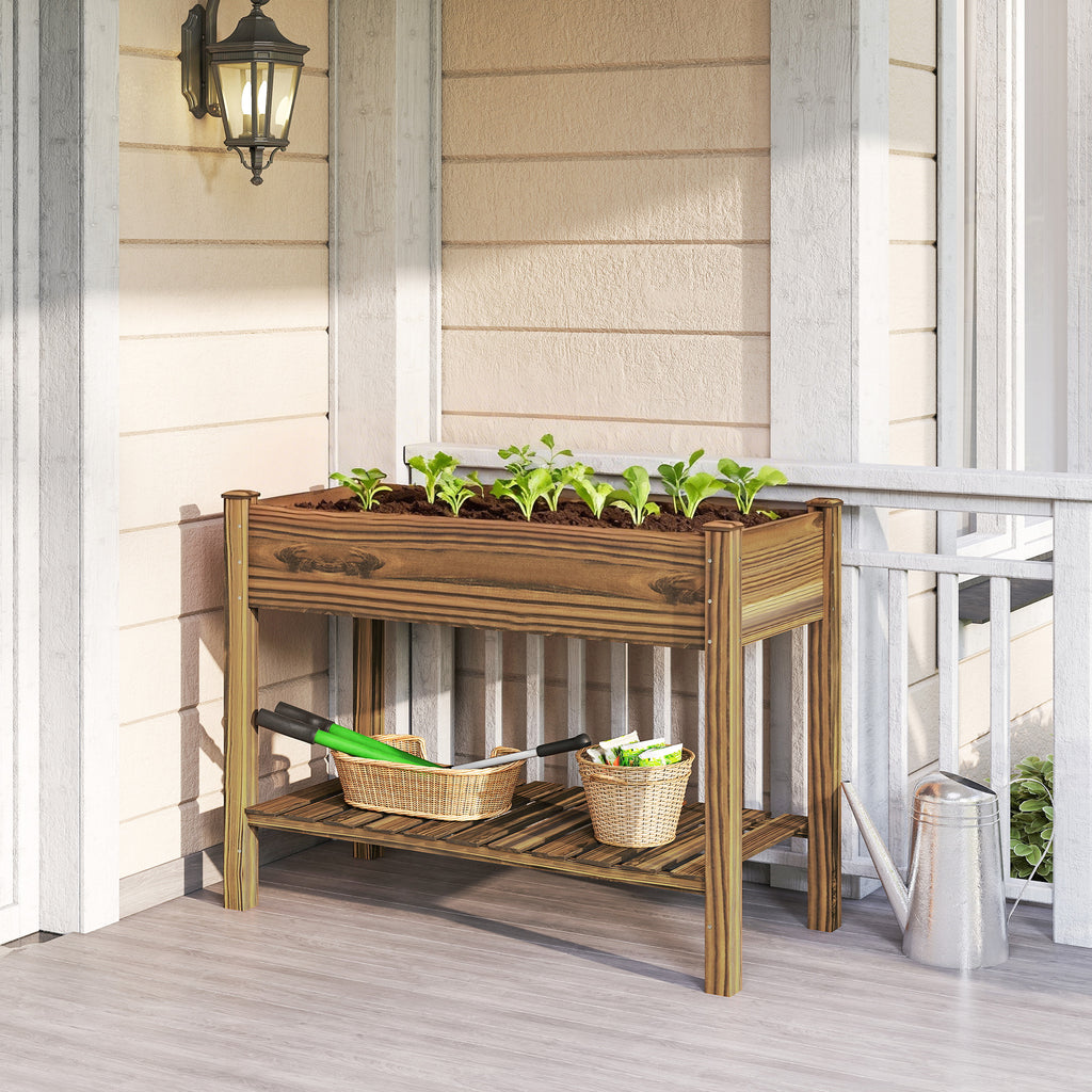 Elevated Planter Box w/ Legs and Storage Shelf, Raised Garden Bed, Elevated Wooden Planter Box, Carbonized
