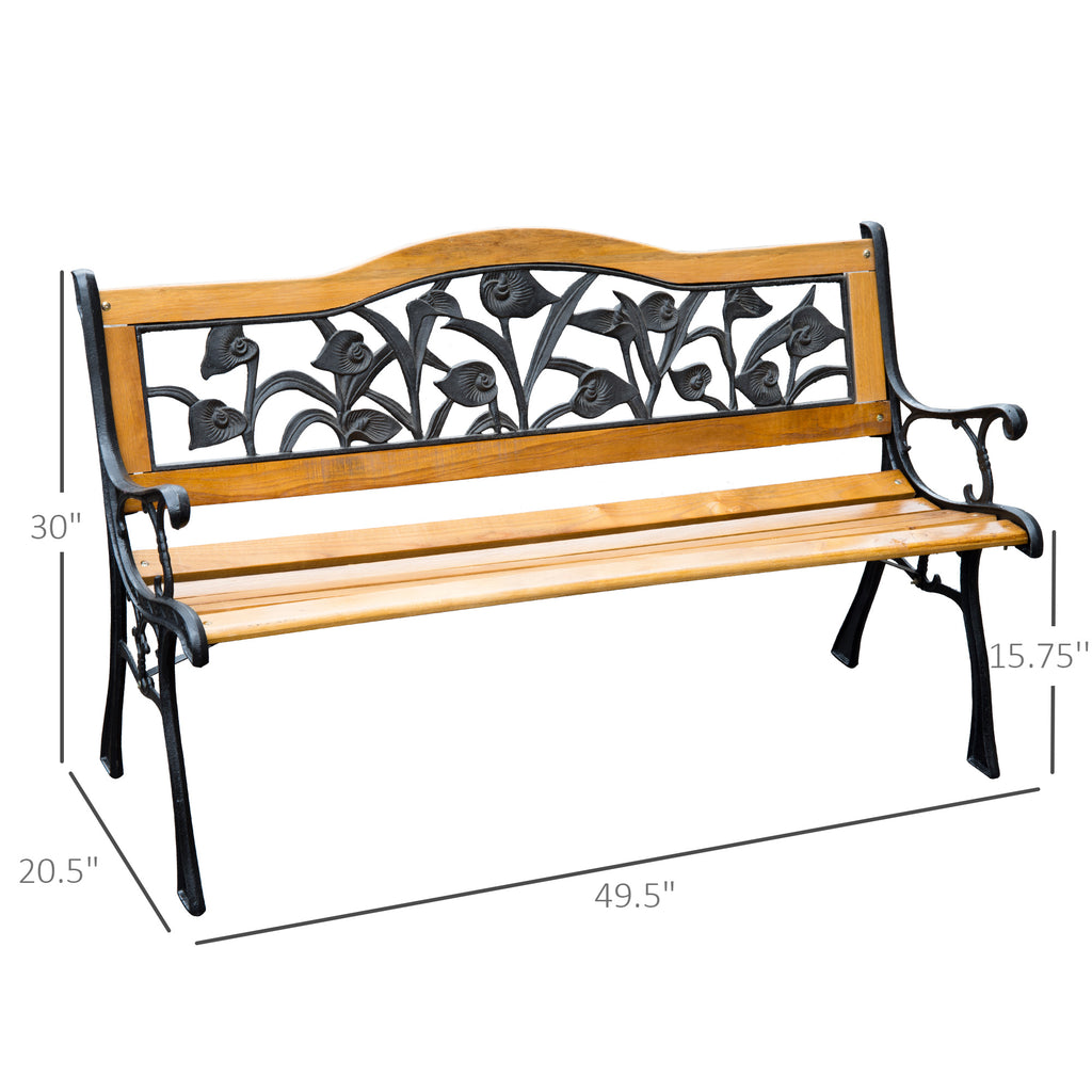 50" 2-Seater Garden Bench Chair, Loveseat for Yard, Lawn, Porch, Patio, Cast Iron/ Wooded, Natural