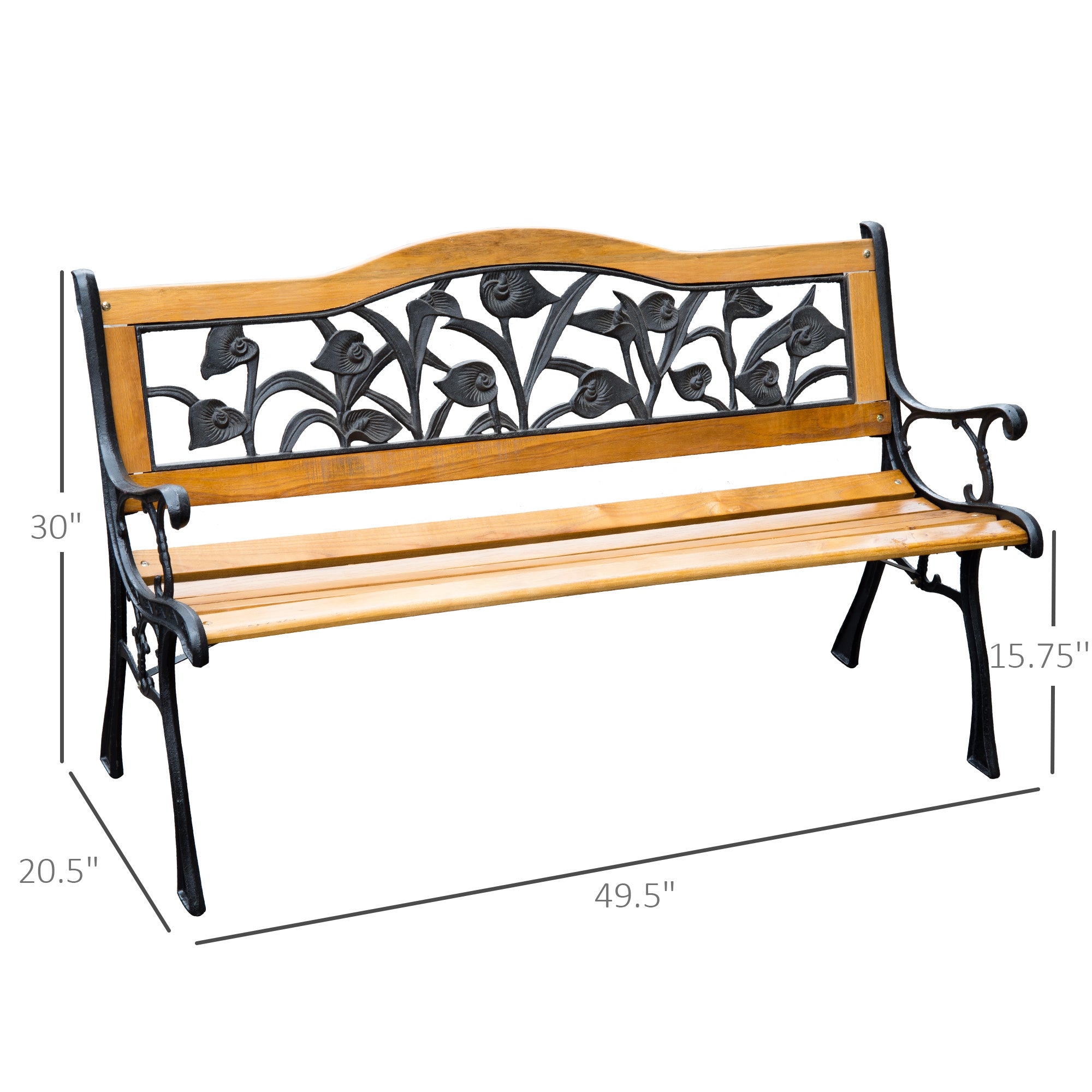 50" 2-Seater Garden Bench Chair, Loveseat for Yard, Lawn, Porch, Patio, Cast Iron/ Wooded, Natural