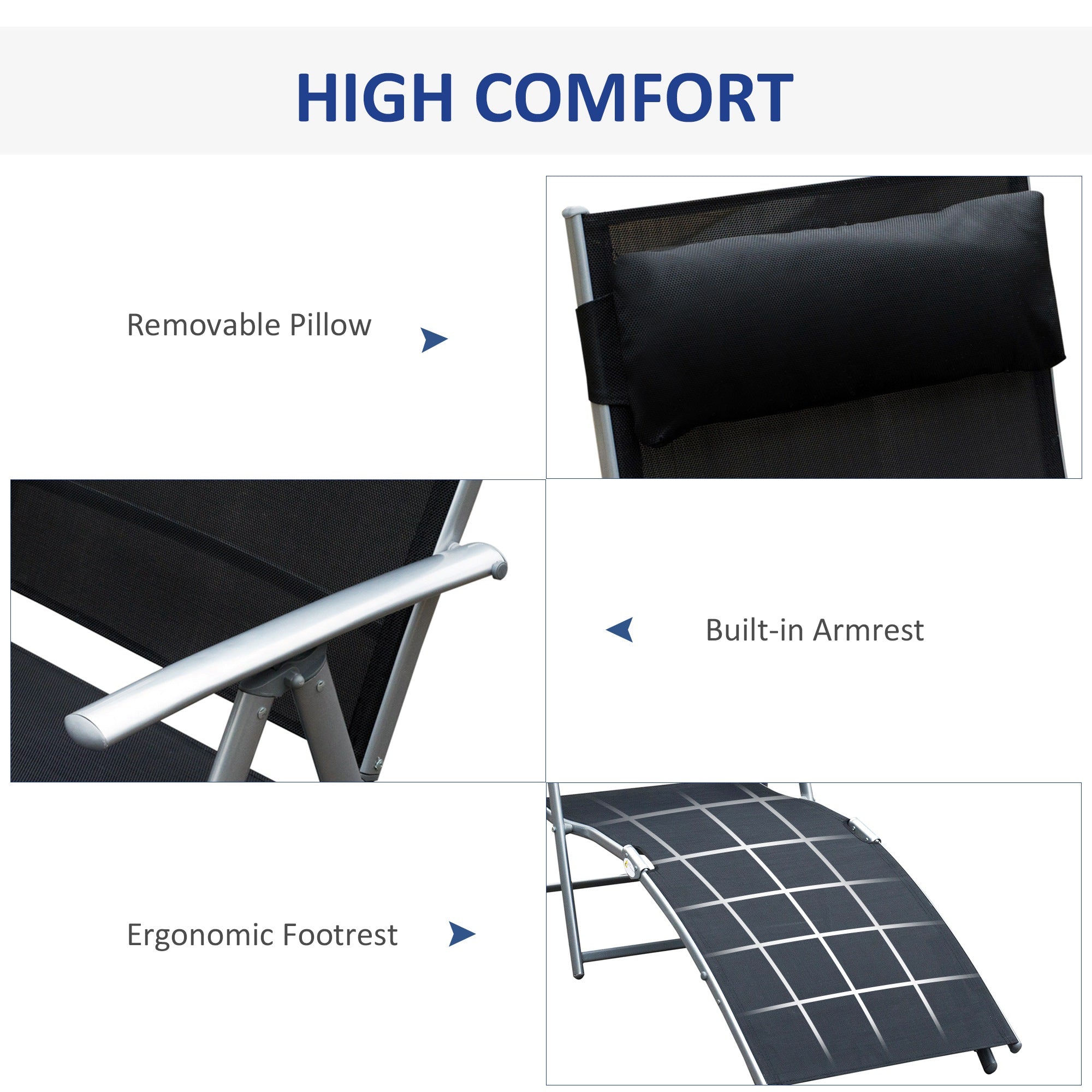 Heavy-duty Adjustable Folding Reclining Chair Outdoor Sun Lounger Patio Chaise Lounge Garden Beach Gravity Lounge with Pillow, 7 Adjustable Backrest Positions, Black