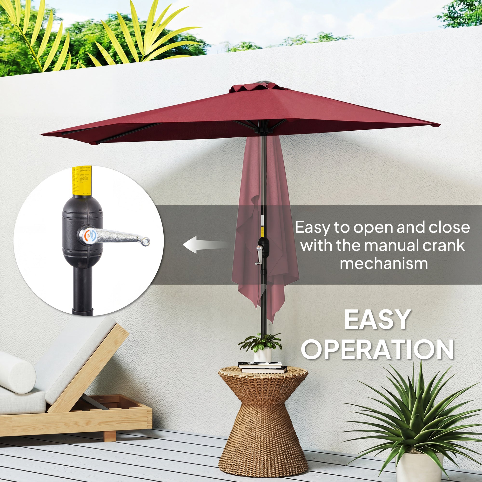 9ft Half Round Umbrella Outdoor Patio Garden Balcony Parasol Window Sun Shade w/ 5 Ribs Wine Red
