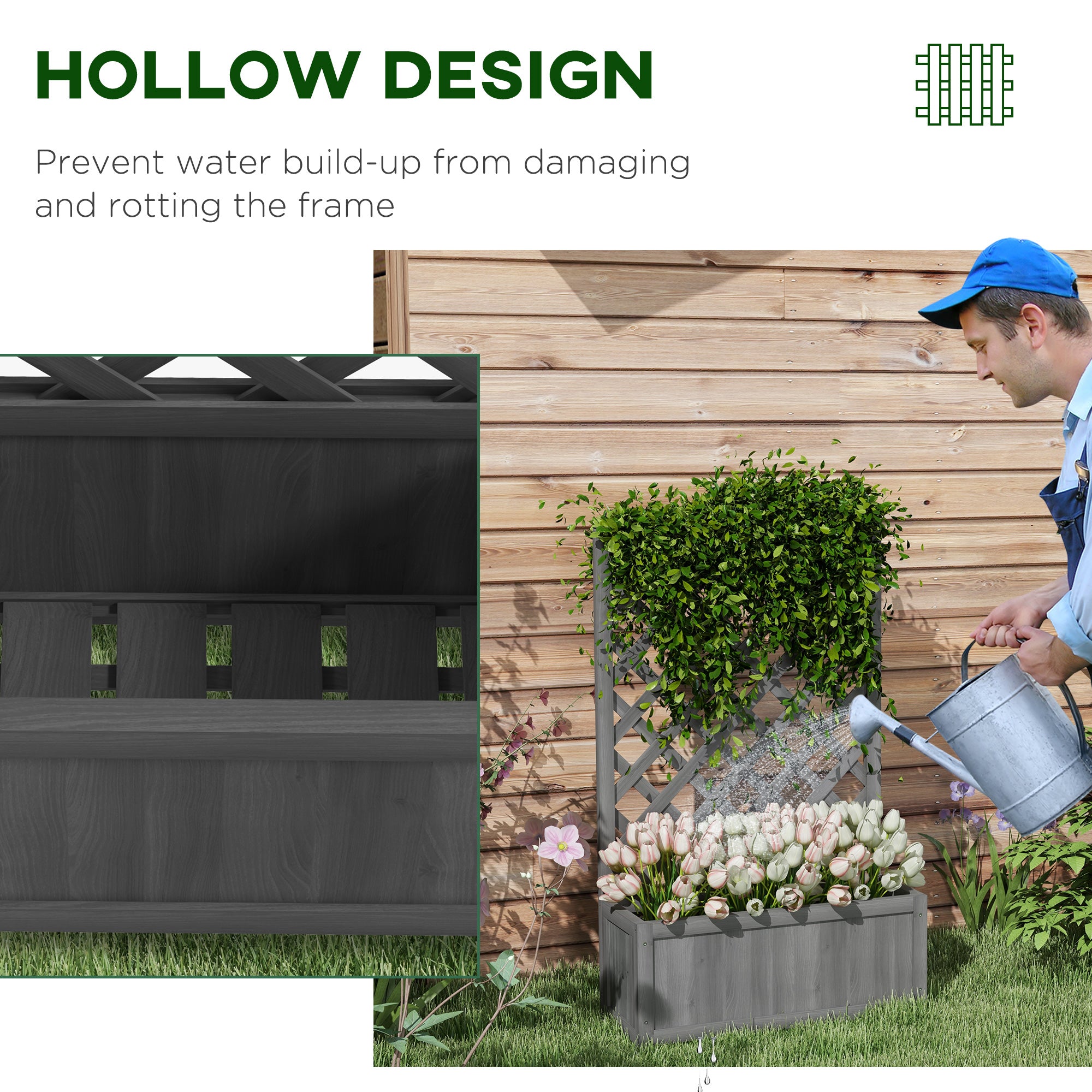 Wood Planter with Trellis for Vine Climbing, Raised Garden Bed to Grow Vegetables for Backyard, 28" x 11" x 46", Grey
