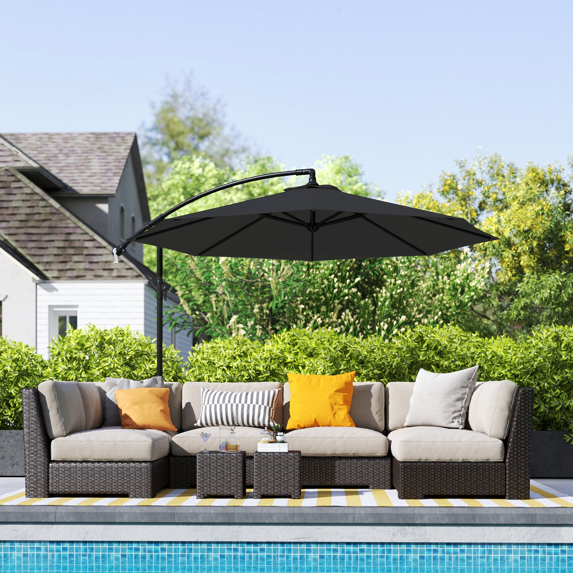 9.7ft Offset Patio Umbrella Garden Hanging Parasol Banana Cantilever Umbrella with Base, Crank, Black