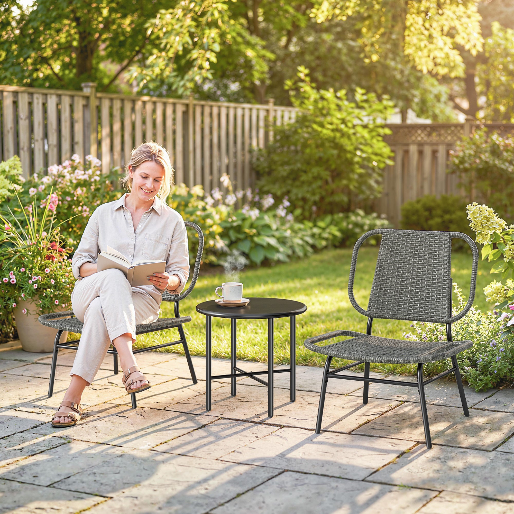 3 Piece Wicker Patio Furniture Set, Outdoor Bistro Set with Steel Table, Rattan Outdoor Conversation Furniture, Grey