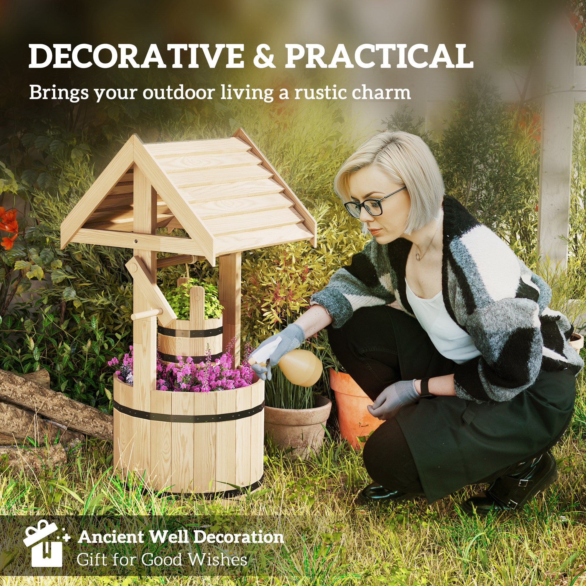 Wood Wishing Well Outdoor Wooden Planter with Hanging Bucket and Drainage Hole for Garden, Patio, Backyard, Natural