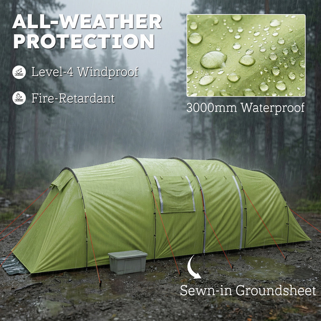 6 Person Camping Tent with Porch, Large Family Tent with 2 Bedroom and Living Room, Light Green