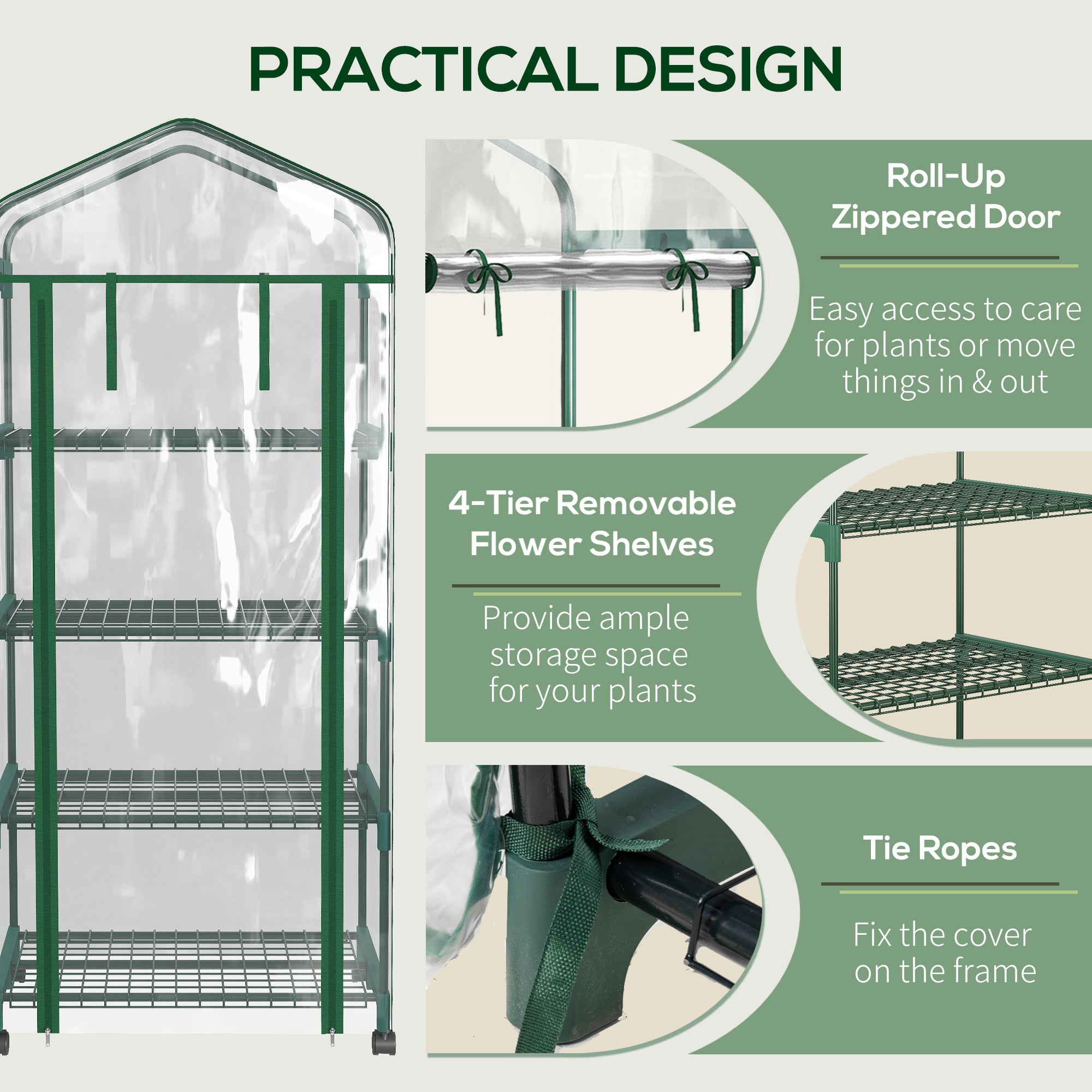 27" x 20" x 65" Portable Greenhouse with 4 Tier Shelves and Wheels, Outdoor Hot House Plant Flower Greenhouse, Steel Frame, Plastic Cover, Clear