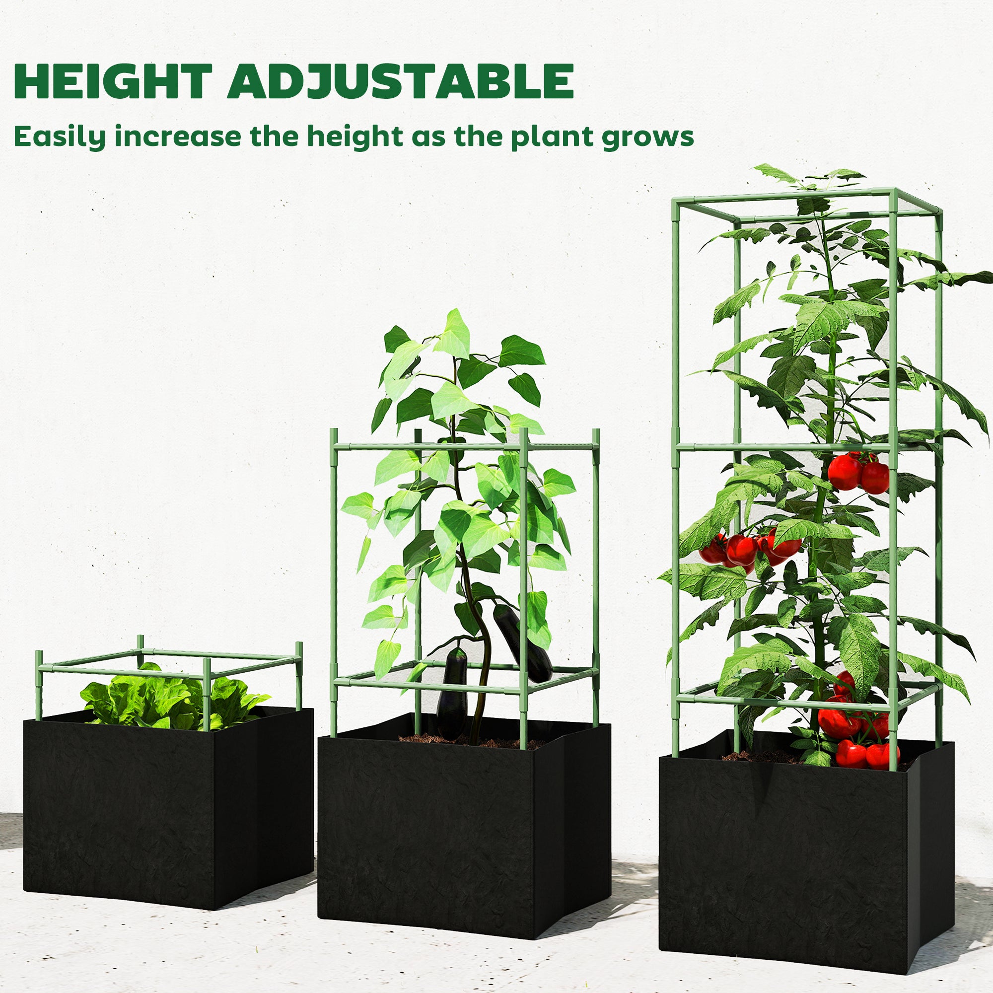 3 Packs Tomato Cages with 13.5 Gallon Grow Bags, Adjustable Square Plant Support Trellis