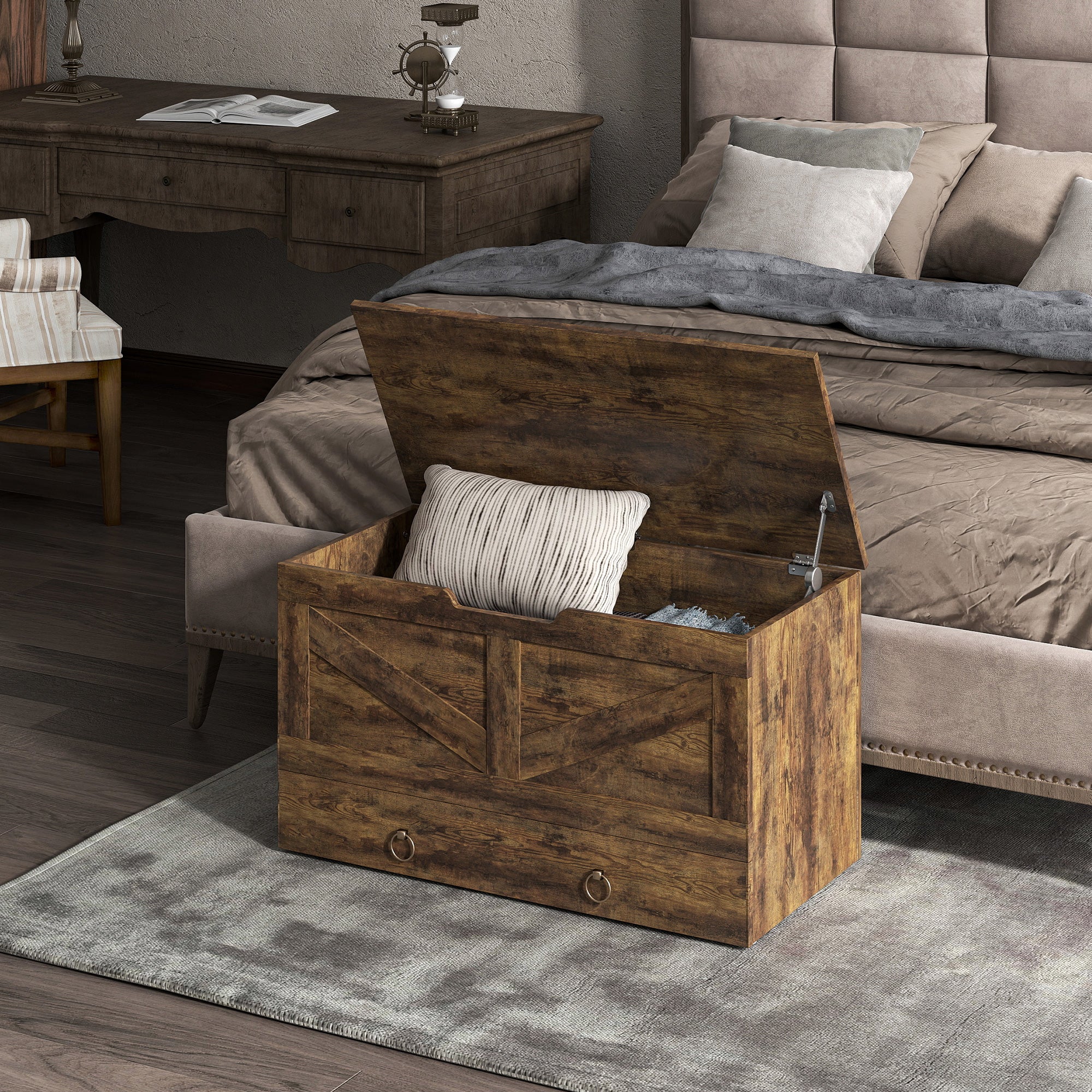 31.5 Inches Storage Chest, Storage Trunk with 2 Safety Hinges for Living Room, Rustic Brown