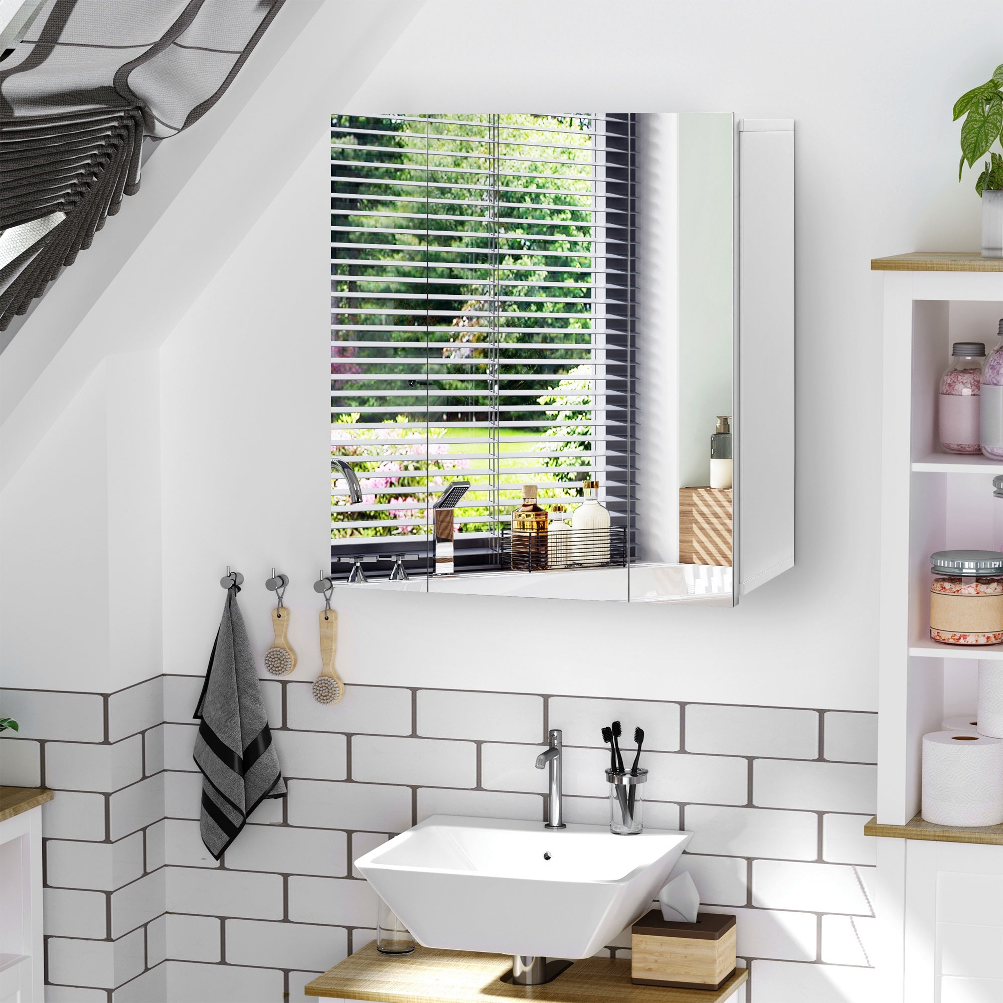 28" x 24" Wall Mounted Mirror Cabinet, Bathroom Medicine Cabinet with Mirror, 3 Doors and Adjustable Shelves, White