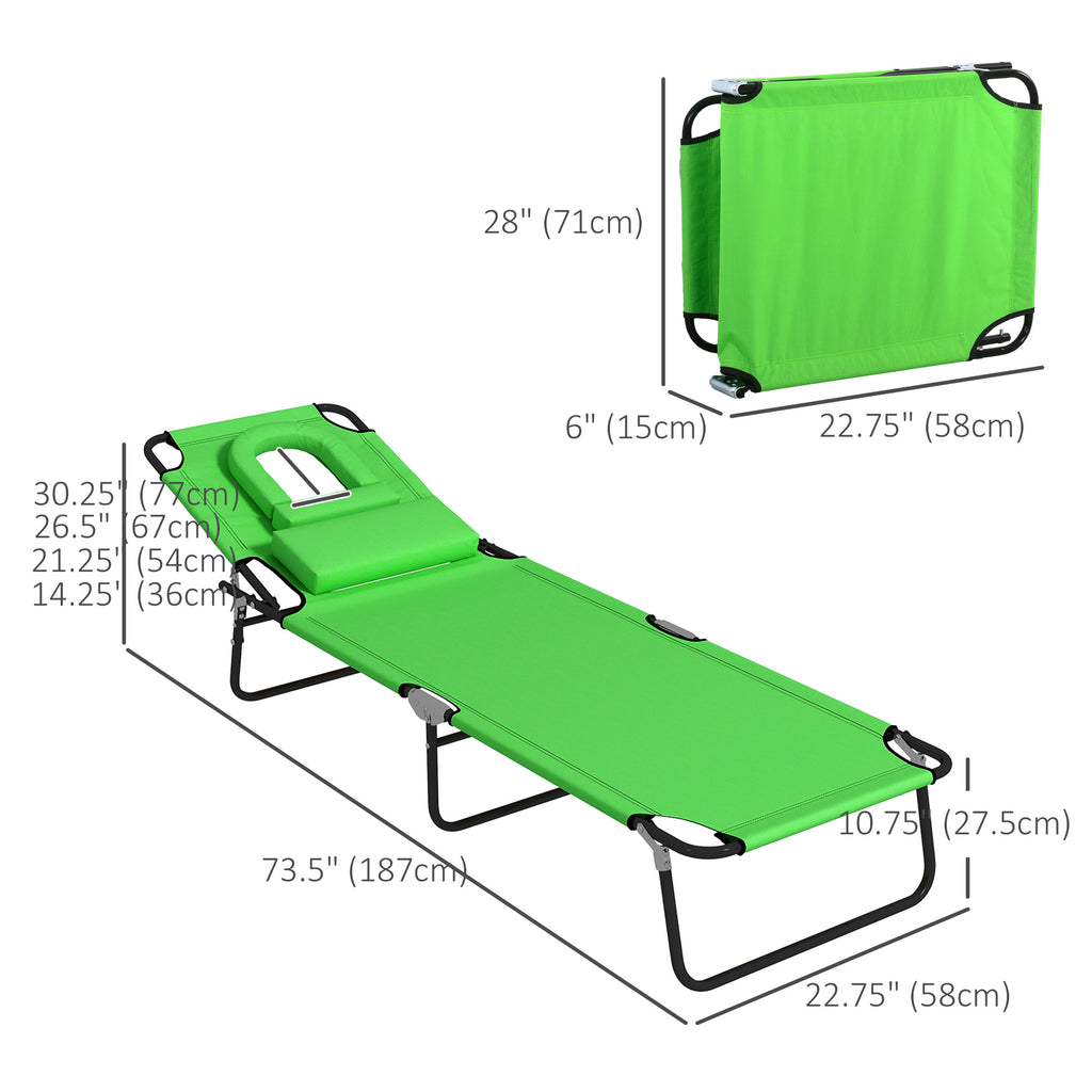 Folding Lounge Chair Set of 2, Reclining Beach Tanning Chair with Face Hole, Pillow, 4-Position Adjustable Flat Sun Lounger, Steel Frame for Outdoor Patio Pool, Green