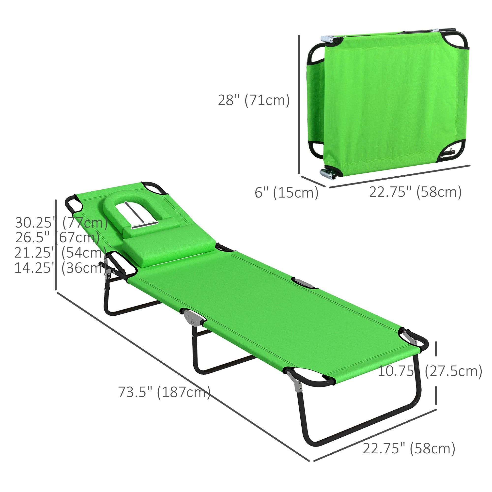 Folding Lounge Chair Set of 2, Reclining Beach Tanning Chair with Face Hole, Pillow, 4-Position Adjustable Flat Sun Lounger, Steel Frame for Outdoor Patio Pool, Green