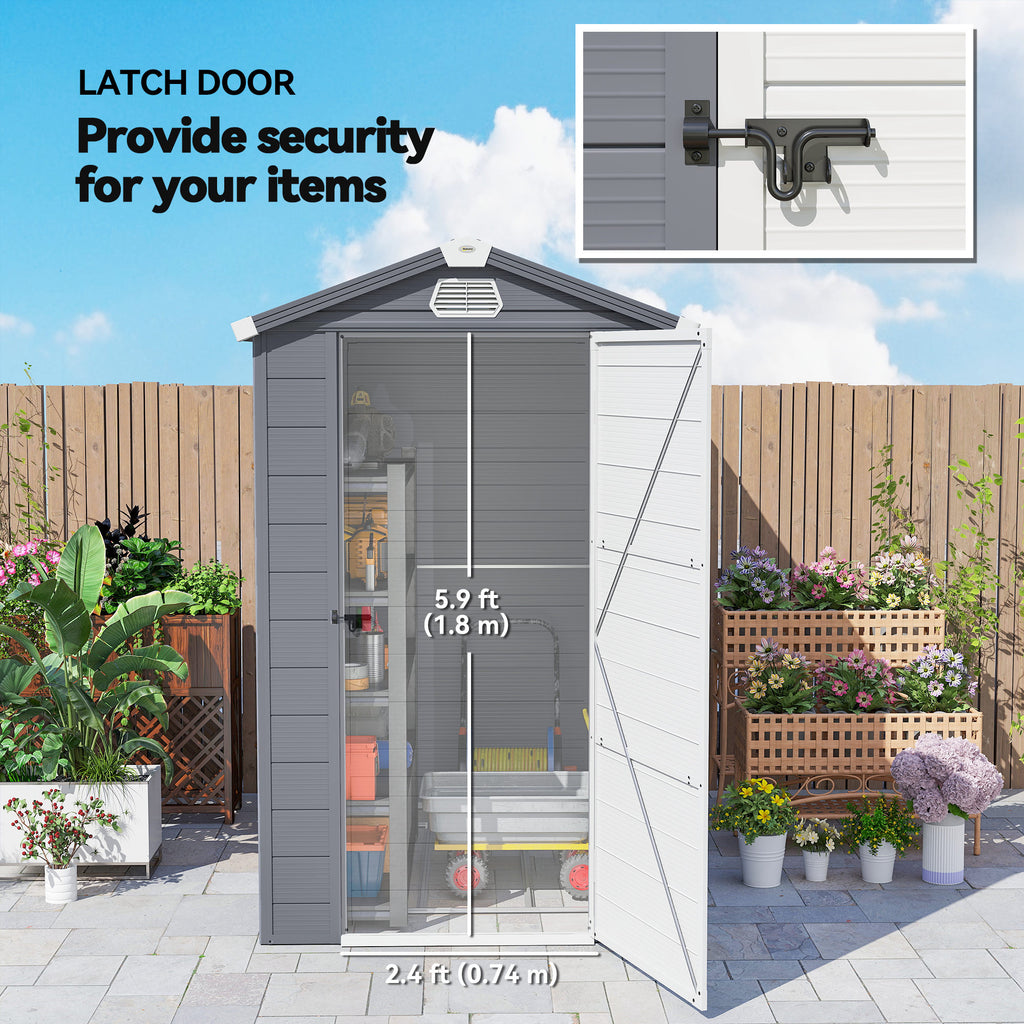 4.5' x 6' Plastic Garden Storage Shed with Latch Door, Vents, Sloped Roof, Dark Grey