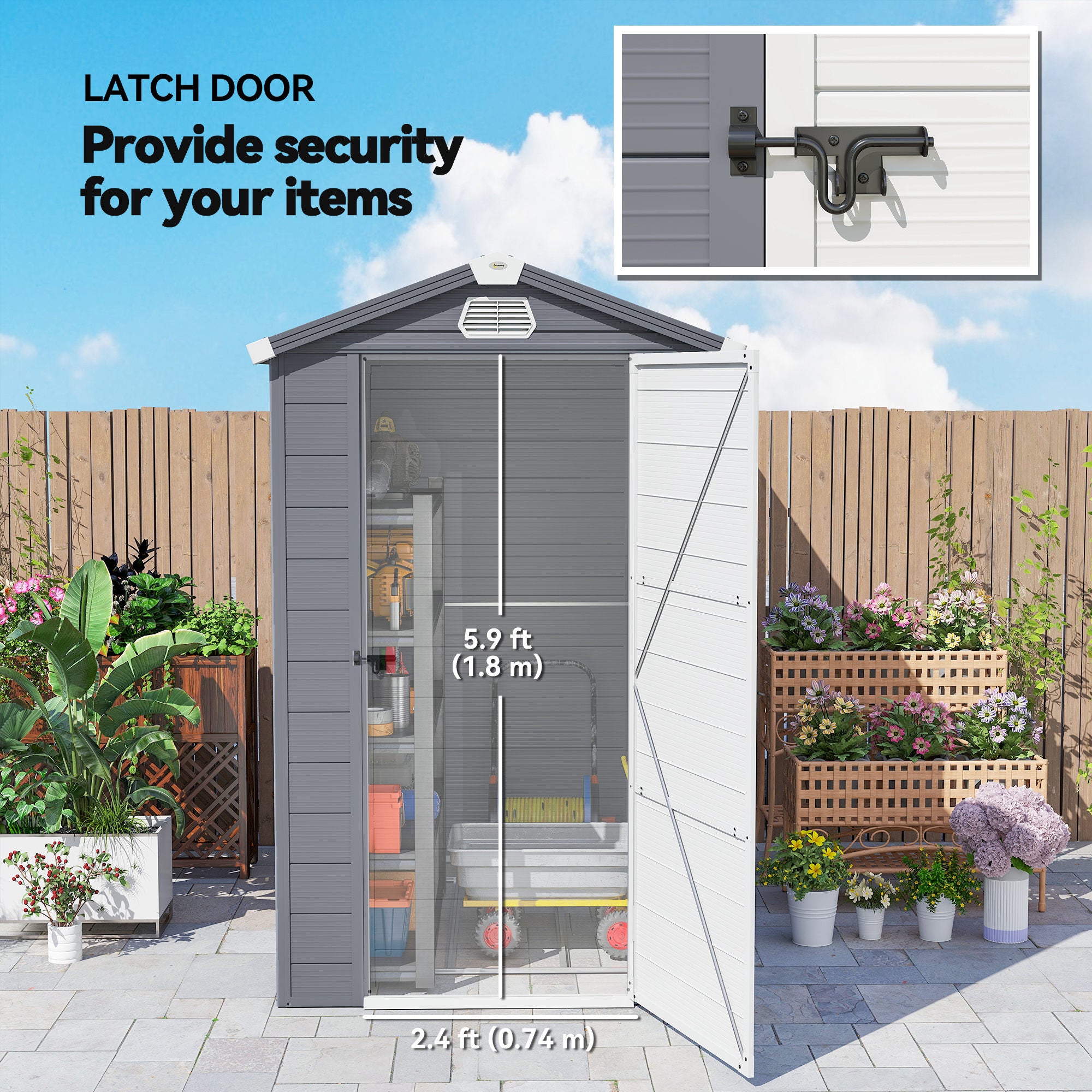 4.5' x 6' Plastic Garden Storage Shed with Latch Door, Vents, Sloped Roof, Dark Grey