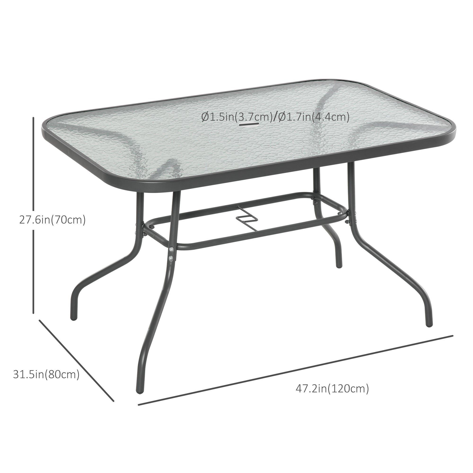 Metal Garden Dining Table with Umbrella Hole, Outdoor Patio Table with Tempered Glass Top, 47.25" x 31.5"