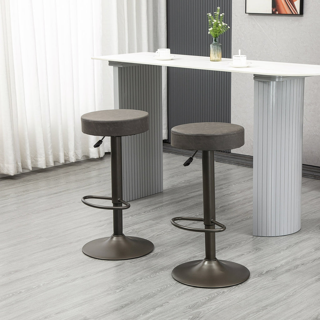 Modern Adjustable Bar Stools Set of 2, Swivel Barstool with Footrest, PU Leather Round Top for Kitchen, Dark Grey