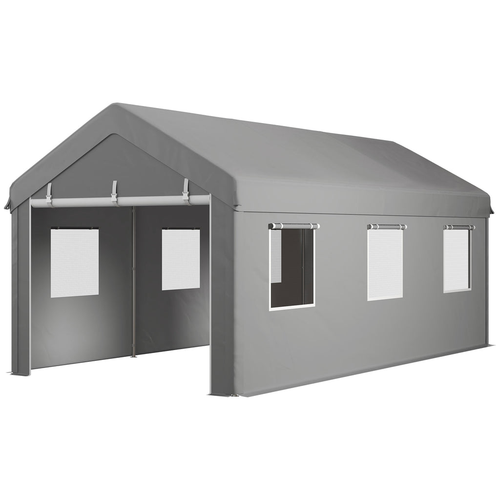 10' x 20' Carport, Heavy Duty Portable Garage with 6 Mesh Windows and 2 Doors, Light Grey