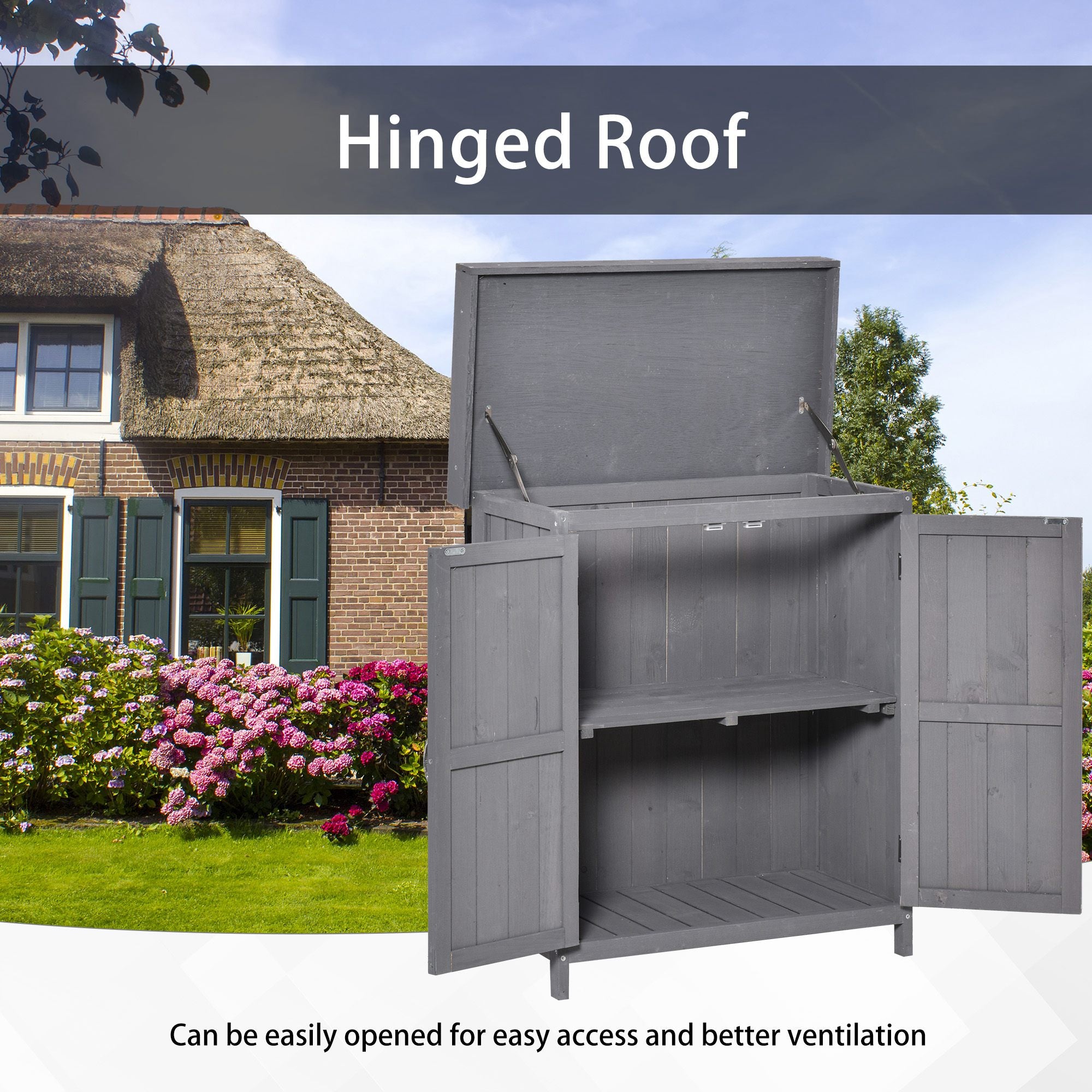Wooden Garden Tool Storage Shed Kit with Hinged Roof, 2-Tier Shelves and Double Doors, 74x43x88cm, Dark Grey