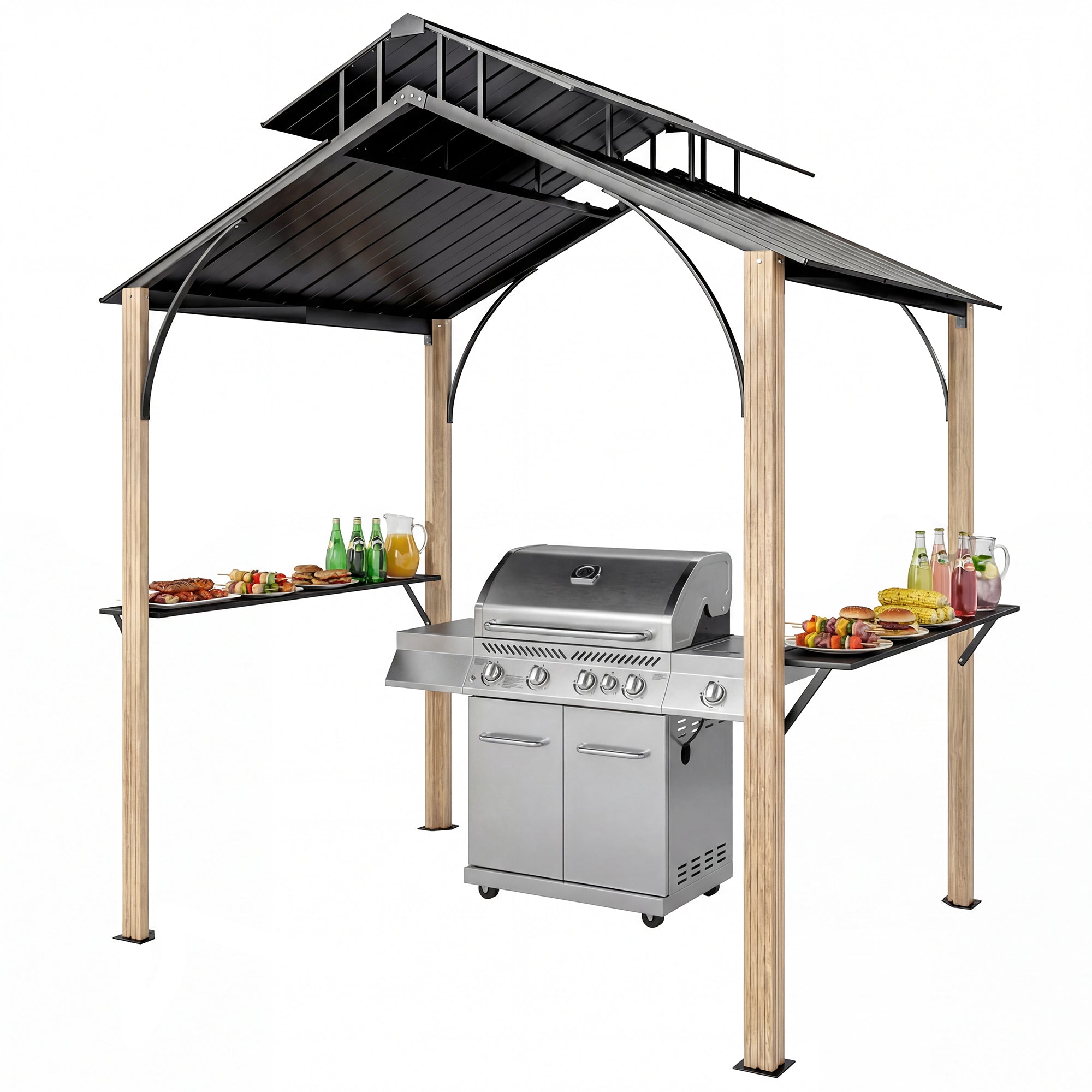 8 x 6ft Hardtop Grill Gazebo, BBQ Gazebo with Metal Double Roof, Outdoor Grill Canopy with Wood-Grain Aluminum Frame